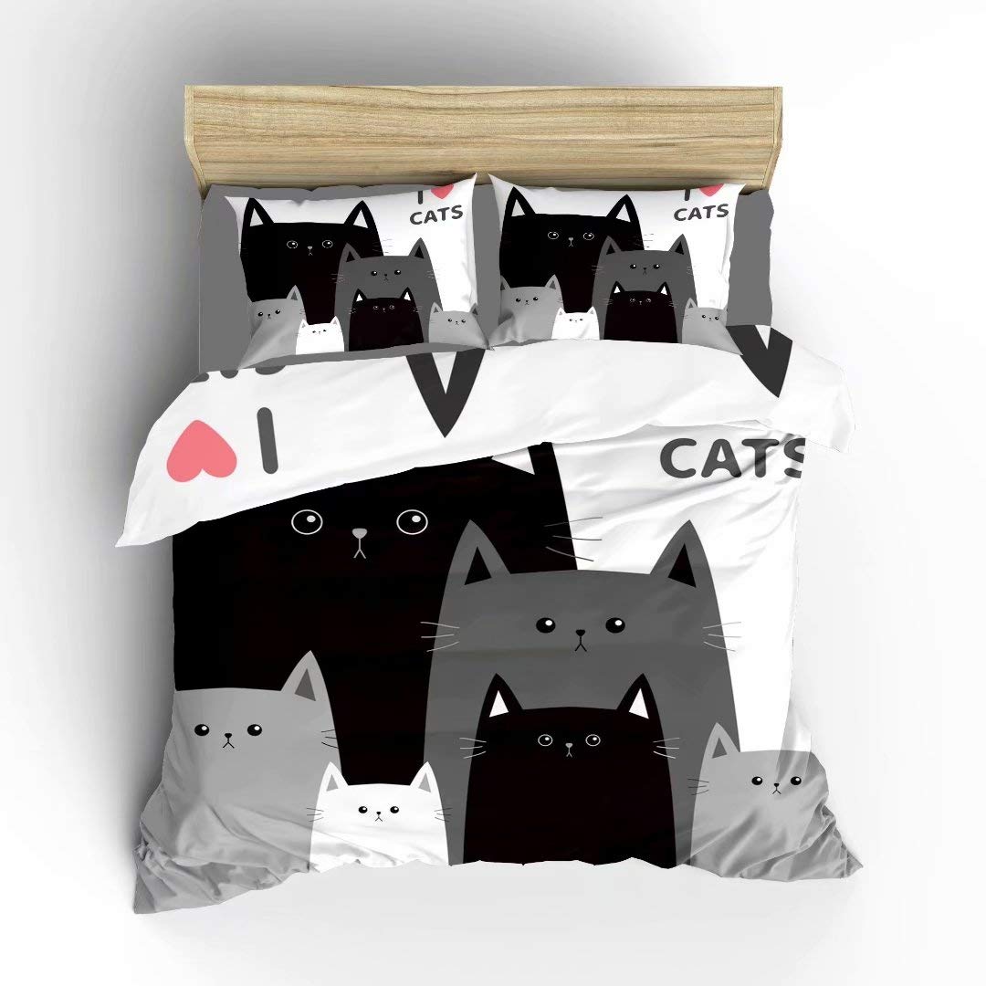 Double-Sided Black & Gray Cat Print Duvet Cover Set - Full Size 3 Piece (1 Duvet + 2 Pillowcases) | Soft Microfiber Polyester Bedding | Cat Lover's Home Decor for Cozy Bedroom & Dorm Room