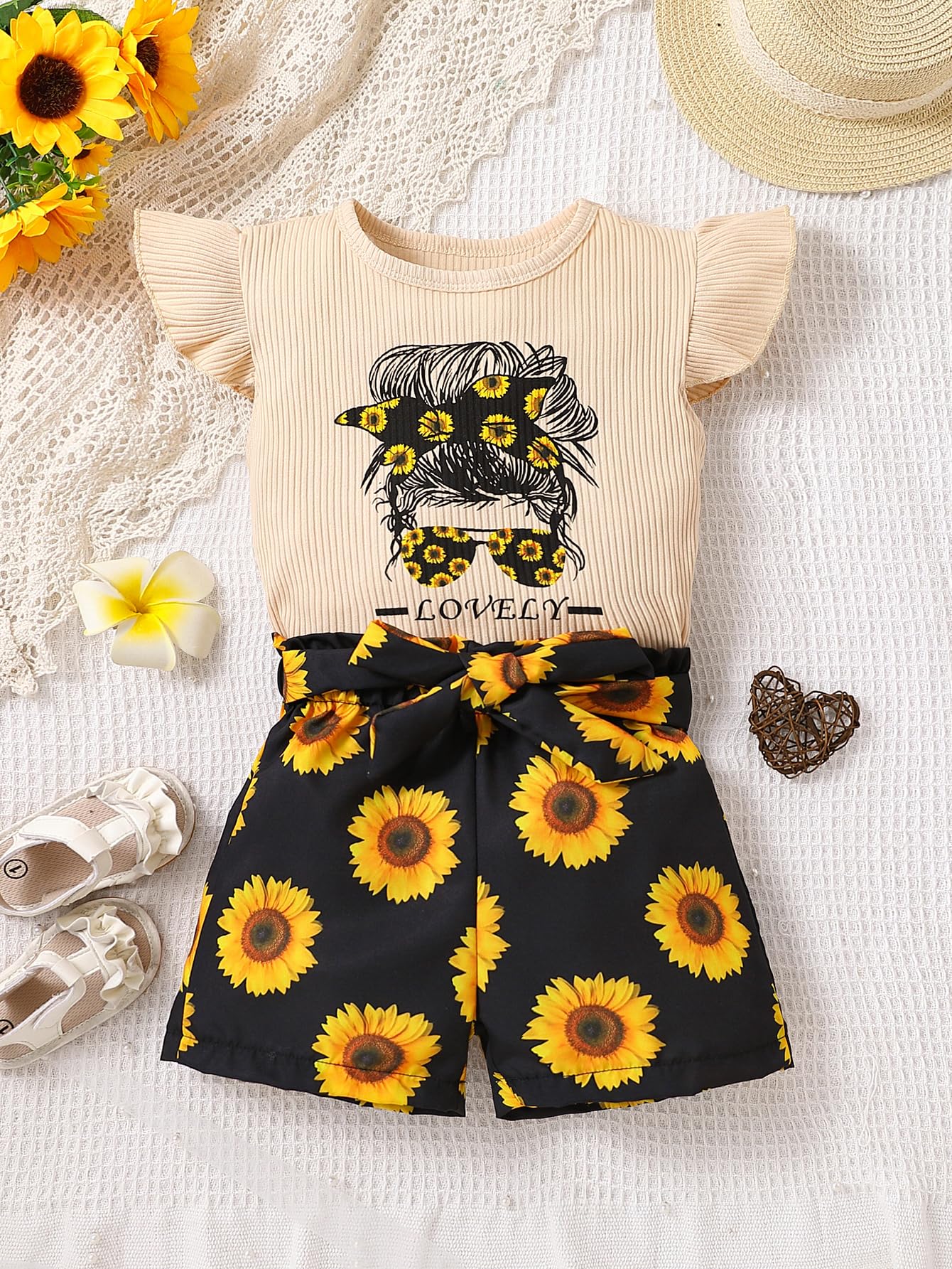 Toddler Girl Summer Outfit Set - Ruffle Sleeve Graphic Tee & Shorts | Cute Playtime & Beach Clothes for Baby Girls