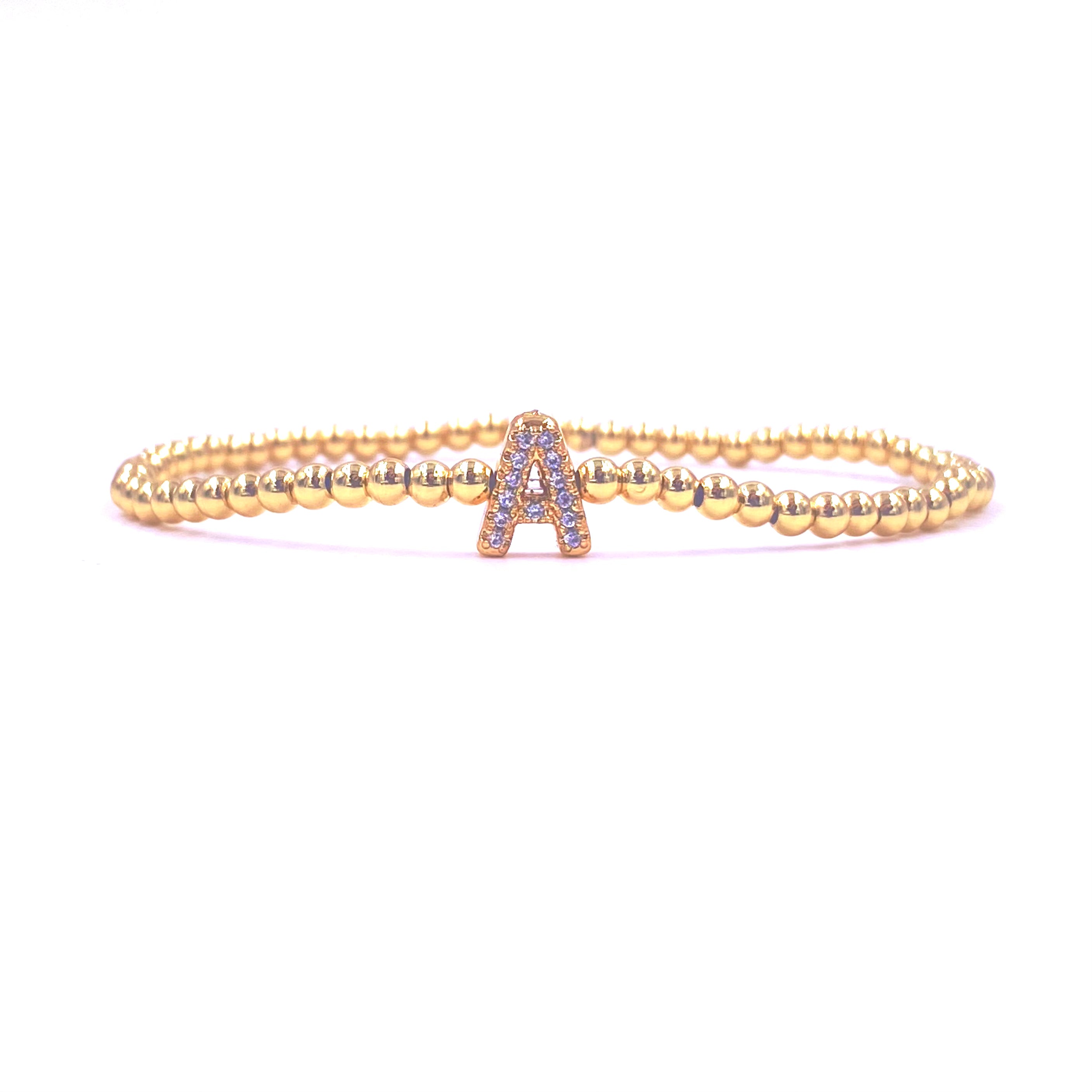 Ashley Gold Stainless Steel Gold Plated CZ Initial Bead Stretch Bracelet for Women - Elegant Beaded Jewelry for Parties, Weddings & Everyday Wear