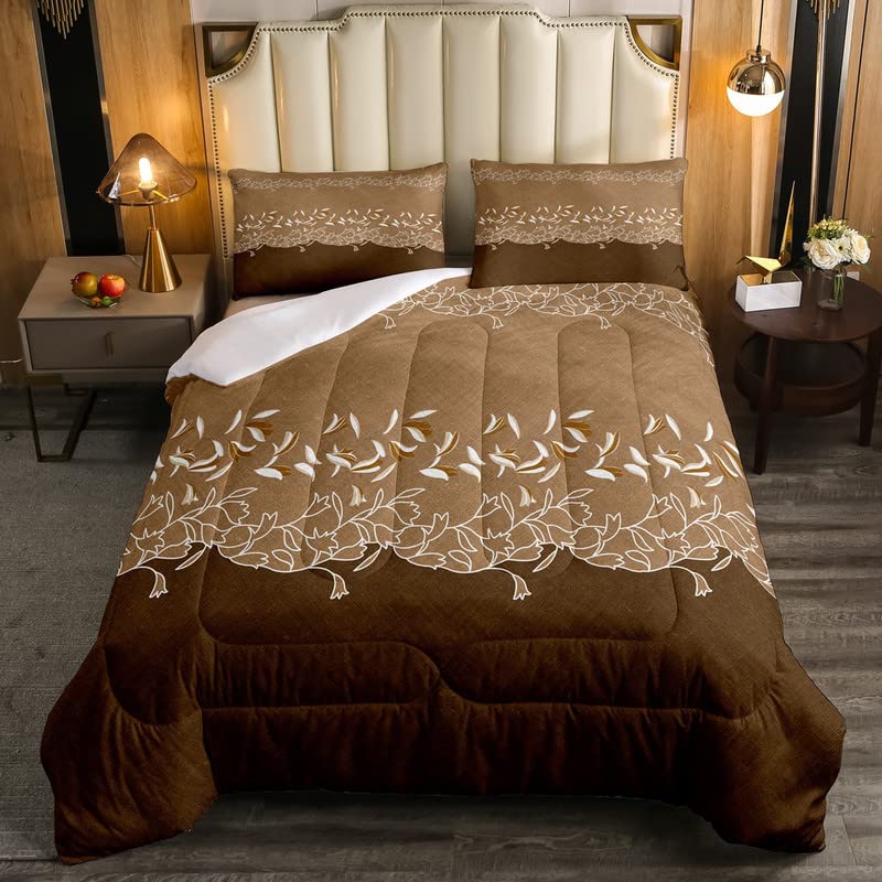 Brown Floral Bedding Set Twin - Coffee Brown Ombre Comforter Set with Bright Blossom Branch Design, Down Alternative Comforter - Vintage Chic Decor, Aesthetic Quilt Set for Rustic Farmhouse & Countryside Bedroom - Perfect for Cozy Nights & Boho Home Decor