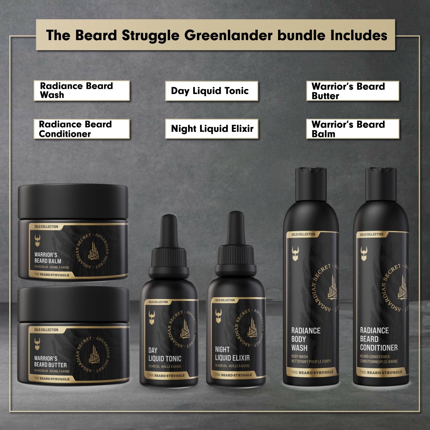 The Beard Struggle Greenlander Bundle - Premium Beard Care Kit with Beard Butter, Balm, Night Oil, Day Oil, Wash & Conditioner - Gold Collection - Valhalla's Gates - Grooming & Styling for Men