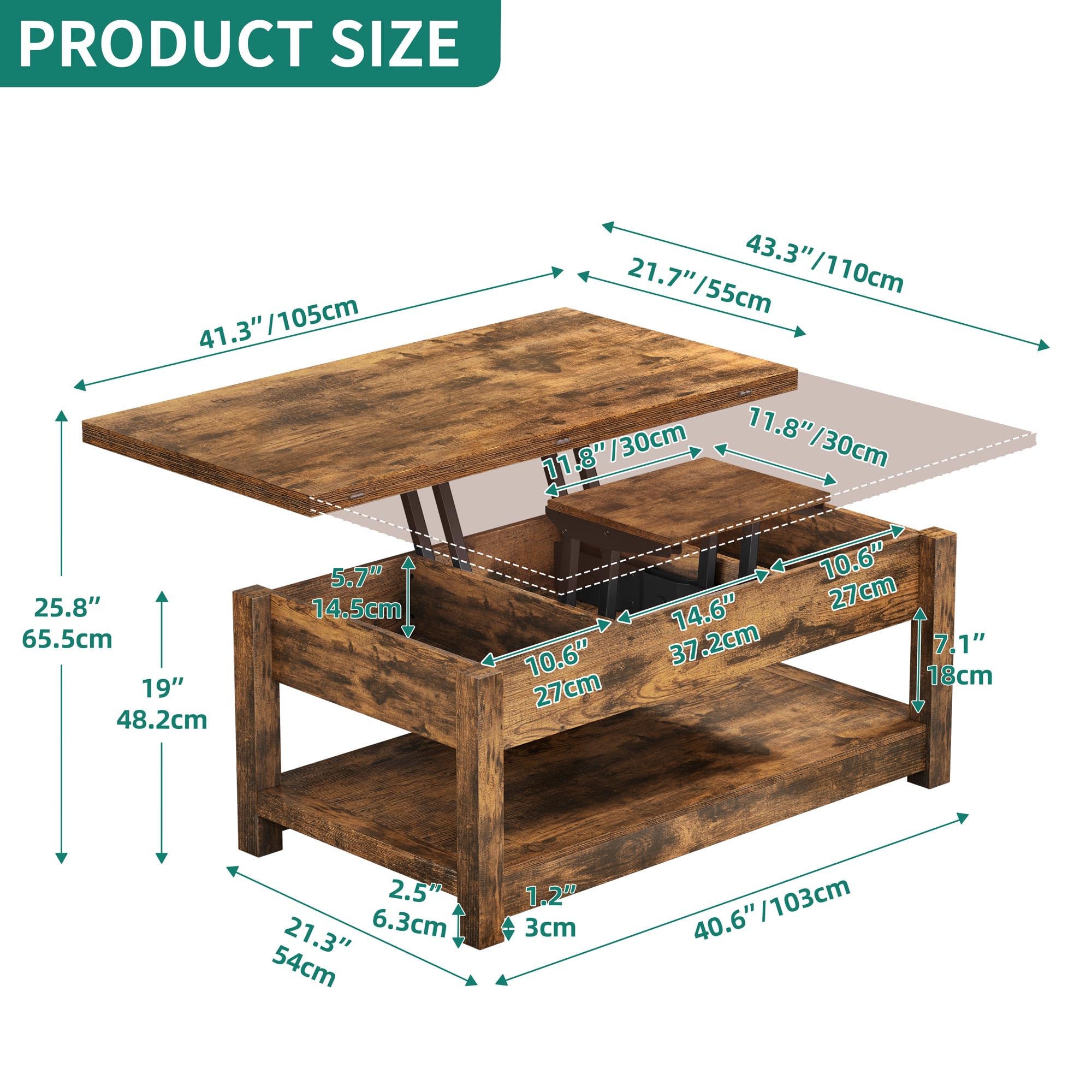 YITAHOME Lift Top Coffee Table with Storage - 3-in-1 Multi-Function Wooden Center Table with Hidden Compartment, Rustic Brown Farmhouse Style for Living Room | Perfect for Small Spaces, Home Office & TV Room Decor