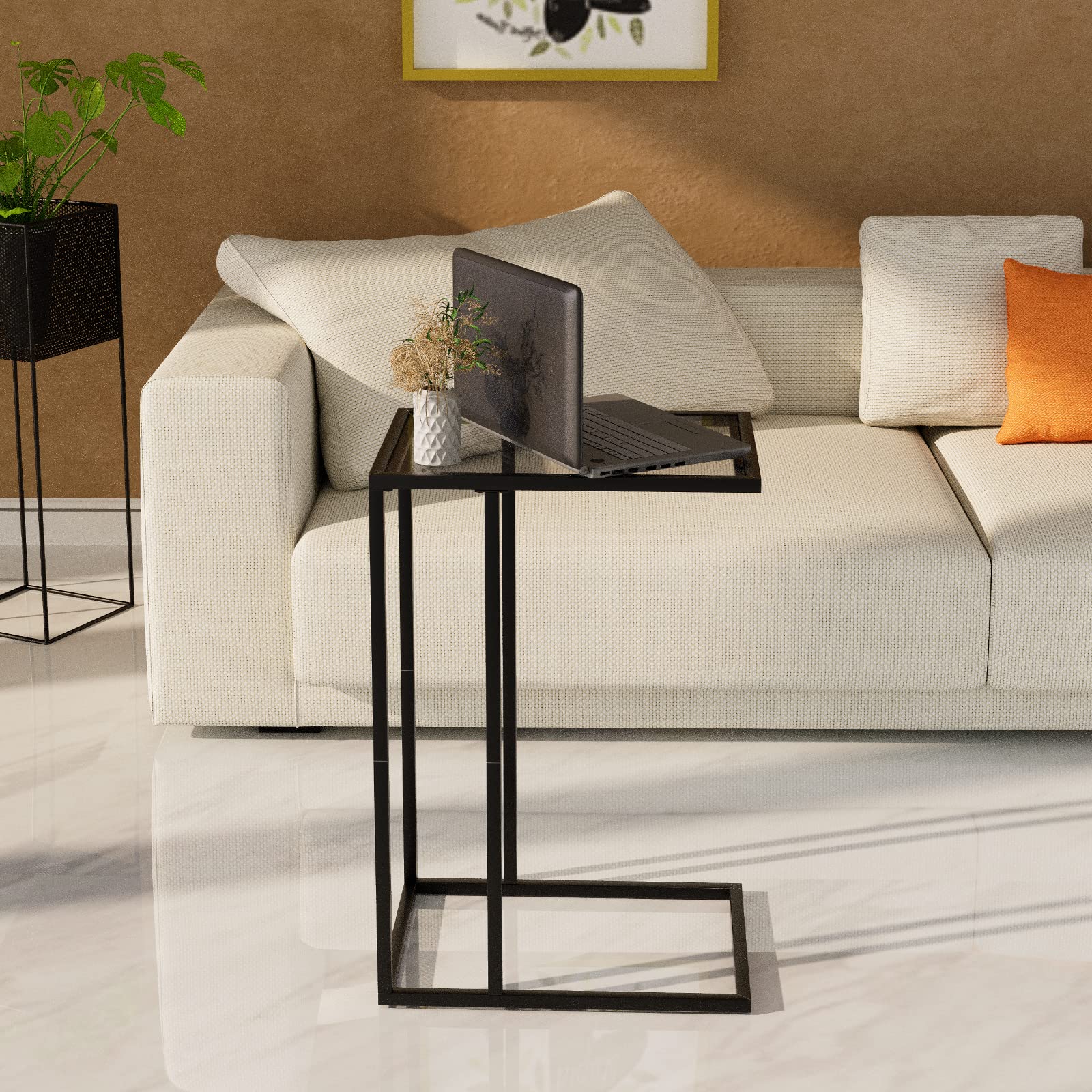 Black Tempered Glass C Table End Table - Metal Frame Snack Side Table for Couch, Sofa & Bed - Space-Saving TV Tray for Small Spaces | Perfect for Living Room, Bedroom & Home Office Use