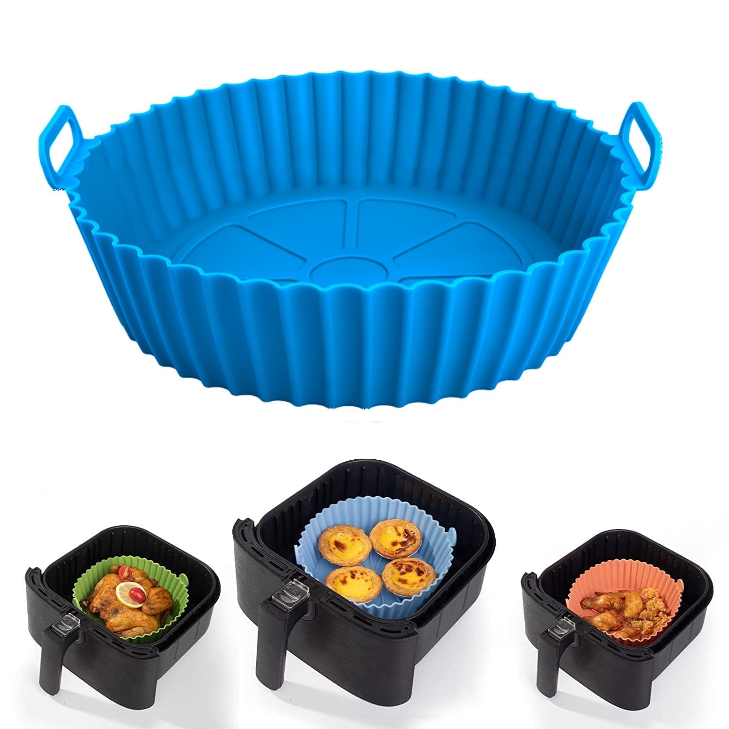 ZELKEY - Reusable Silicone Air Fryer Basket Liner & Baking Tray - Nonstick, Washable, Heat Resistant up to 450°F - Easy to Clean for Healthy Cooking - Perfect for Air Fryers, Ovens & Toaster Ovens (Blue, Pack of 1) - Ideal for Roasting, Baking & Frying Chicken, Fries & Veggies