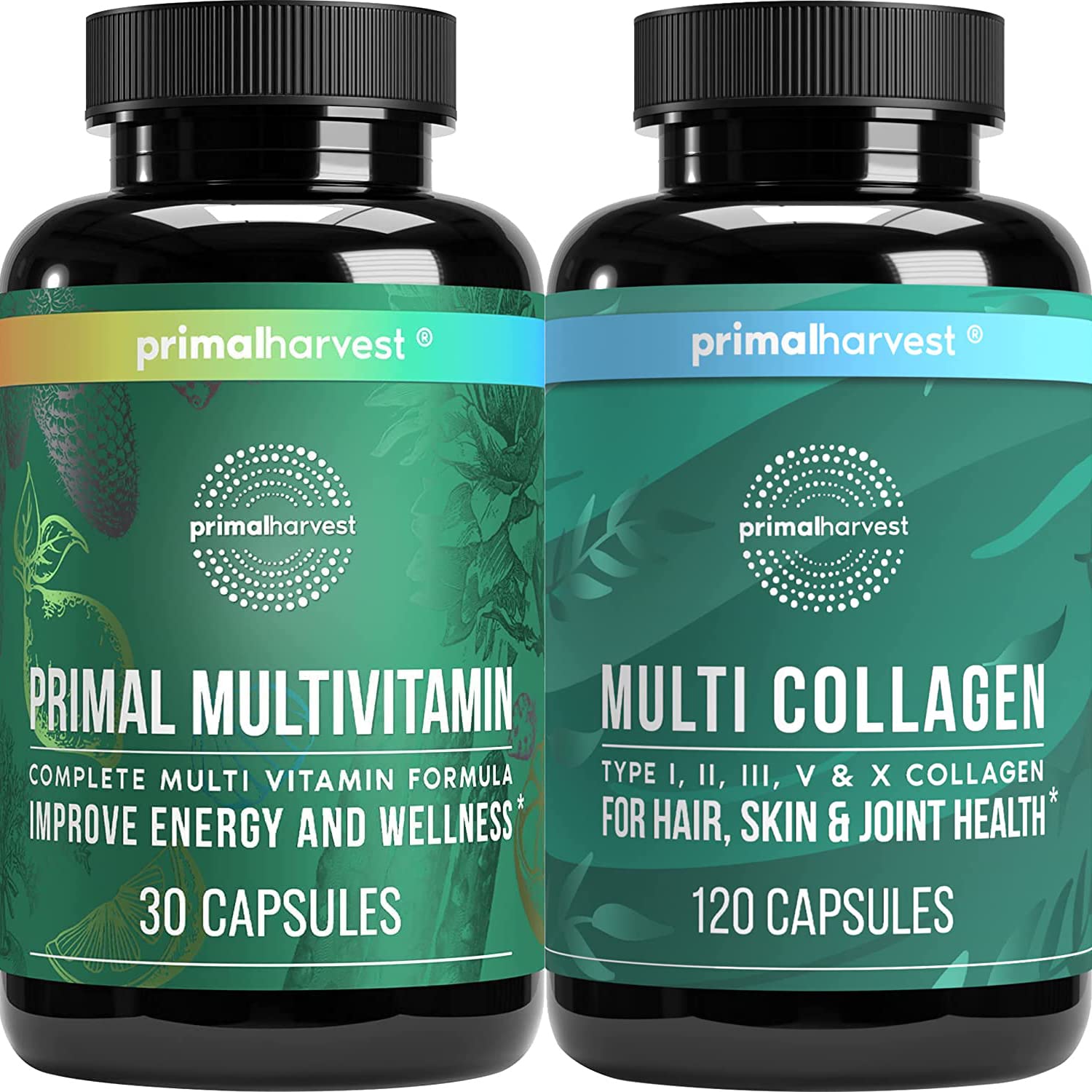 Primal Harvest Multivitamin & Collagen Supplement Bundle for Women & Men - Essential Vitamins & Collagen Peptides Pills for Hair, Skin & Joint Health - Perfect for Daily Wellness & Anti-Aging Routine