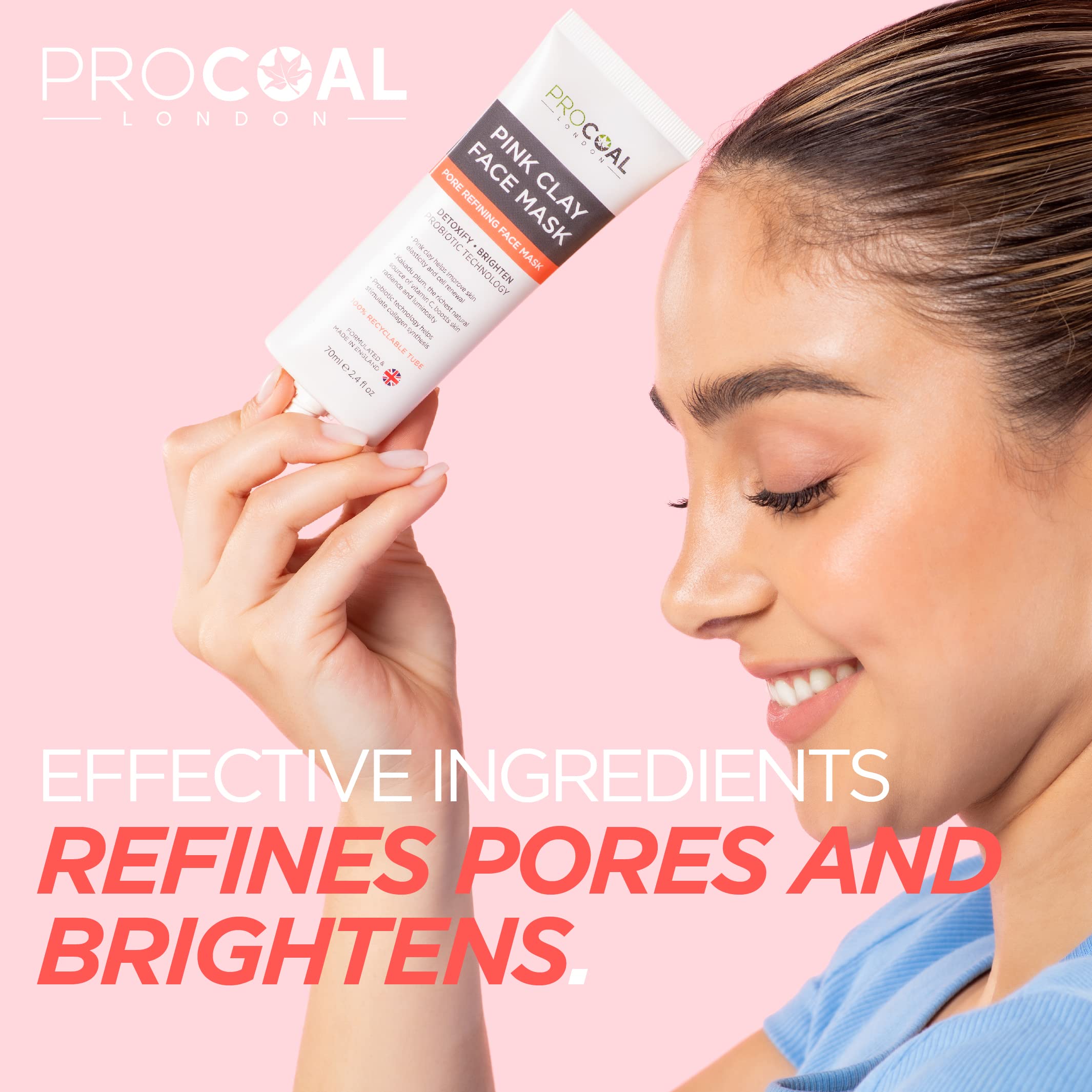 Procoal Australian Pink Clay Face Mask 70ml - Deep Cleansing & Pore Minimizing, Brightens Skin, Vegan & Cruelty-Free - 100% Recyclable UK-Made Skincare for Acne-Prone & Dull Skin | Perfect for Weekly Detox & Glow Boosting