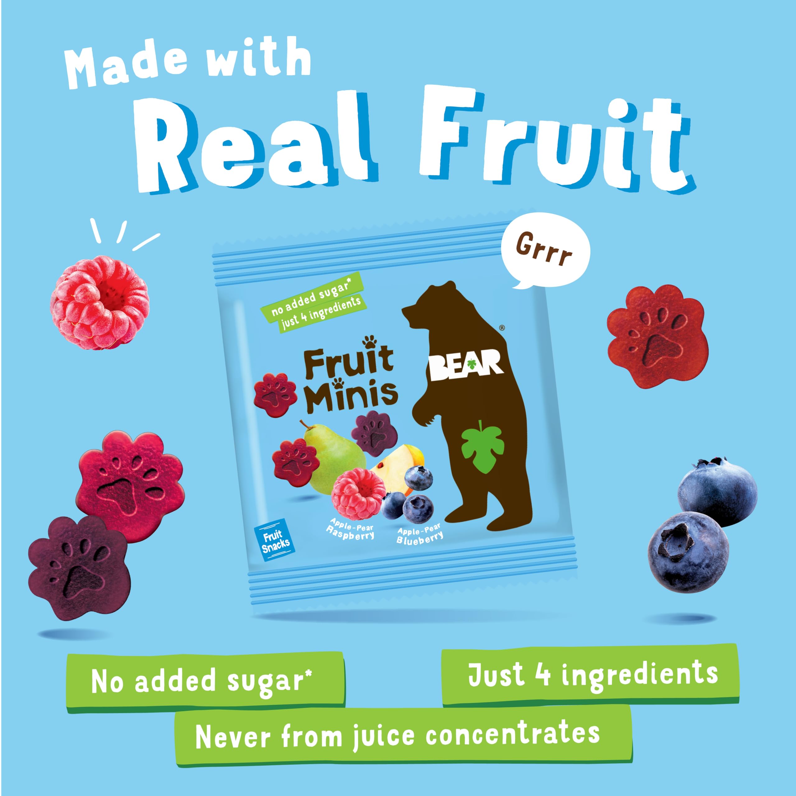 BEAR Real Fruit Snack Minis - Raspberry & Blueberry, No Added Sugar, All Natural, Non-GMO, Gluten Free, Vegan, Bite-Sized Healthy Snacks for Kids (3.5 oz) - Perfect for Lunchboxes, After-School Treats & On-the-Go Snacking