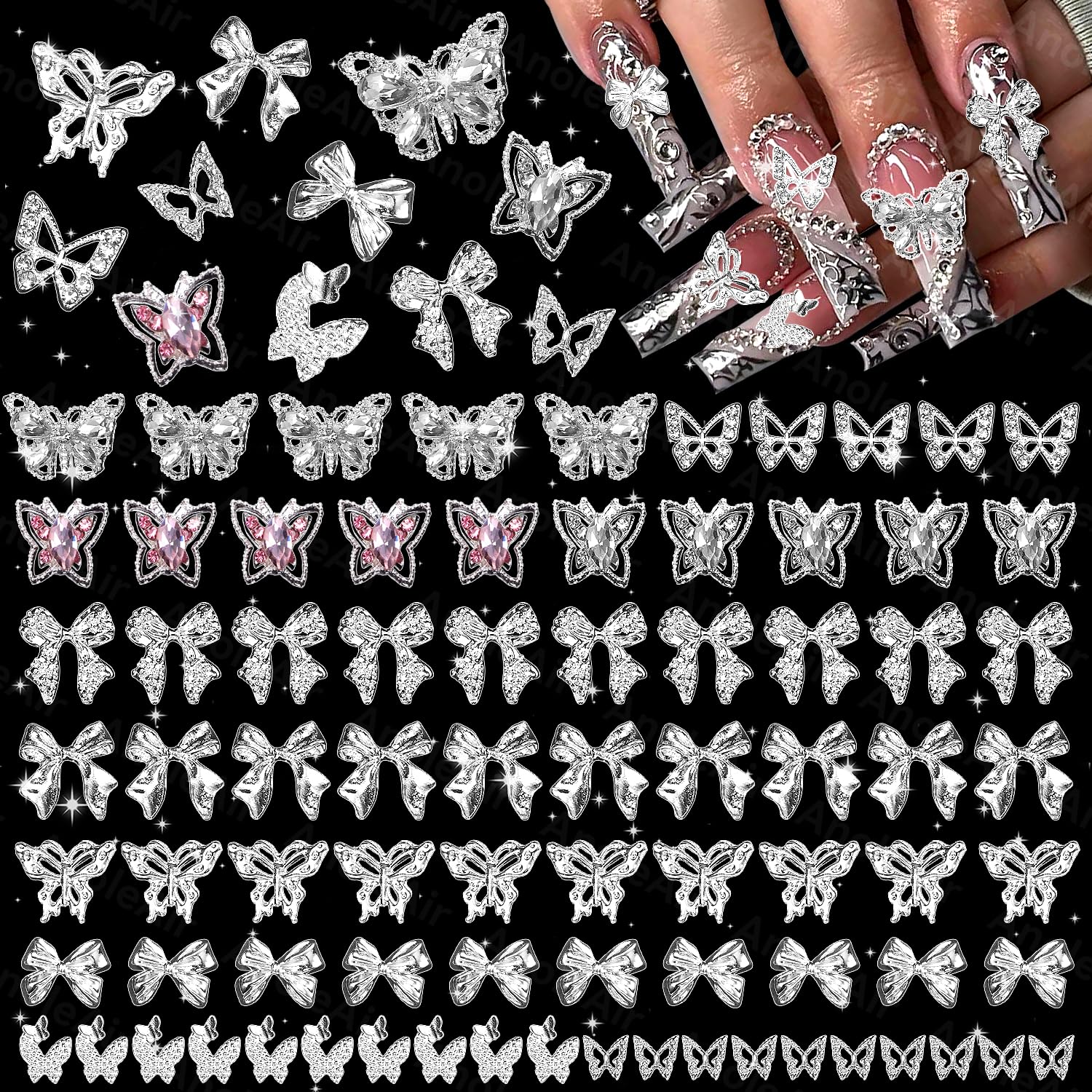80 Pcs Silver Butterfly Nail Charms & Gems - 3D Pink Butterfly Bowknot Nail Art Decorations, Alloy Silver Nail Bows for Acrylic Nails DIY, Y2K Style Nail Accessories - Perfect for Manicures, Nail Salons & Party Nail Art Designs
