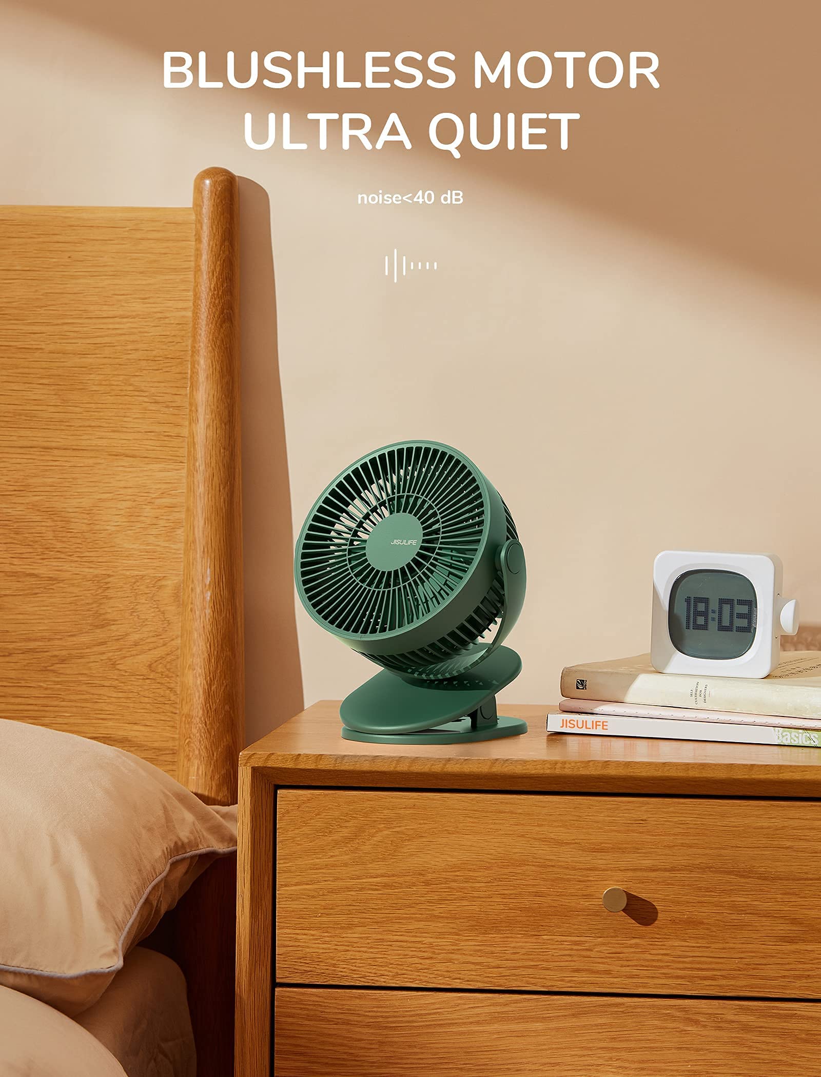 JISULIFE Clip on Baby Stroller Fan with 4000mAh Battery - Portable Personal Small Fan, Quiet & Narrow Slot Design, 4 Speed Settings, Up to 14 Hours Runtime - Perfect for Strollers, Beds, Desks, and Car Seats (Dark Green)