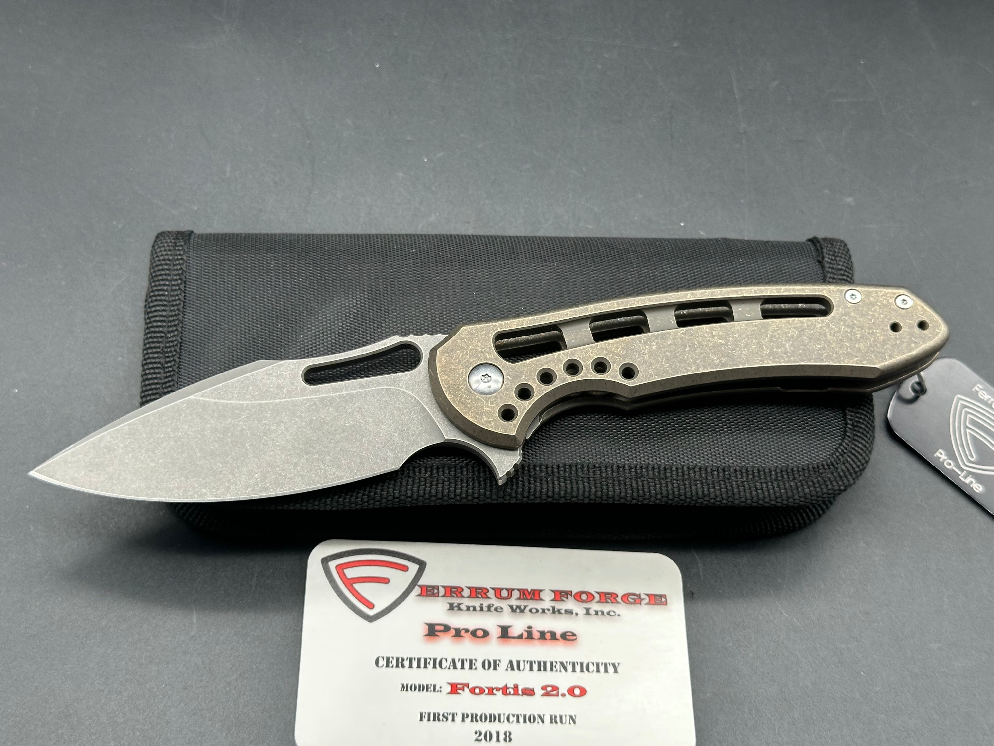 Ferrum Forge Pro Series Fortis 2.0 Folding Knife - Stonewashed CPM S35VN Blade & Bronze Anodized Titanium Handles - EDC Pocket Knife for Outdoor, Camping, Hiking and Survival Gear