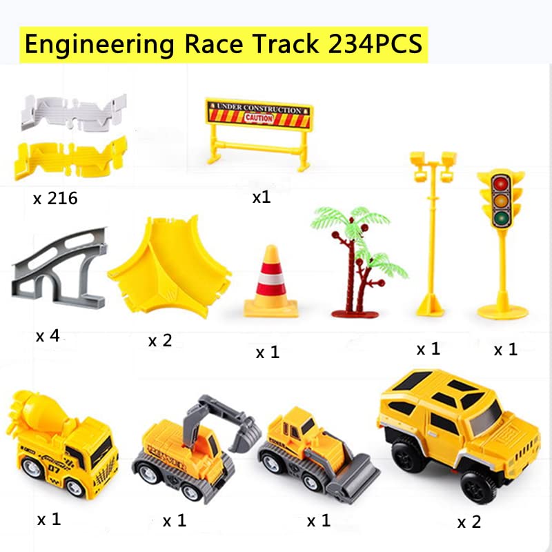 234 Pcs Engineering Rail Car Set with 2 Electric Toy Cars & 3 Construction Vehicles - DIY Flexible Track Building Kit for Kids Ages 3-8 | STEM Learning Toy for Boys & Girls | Perfect for Birthday Gifts, Indoor Play & Creative Construction Scenes