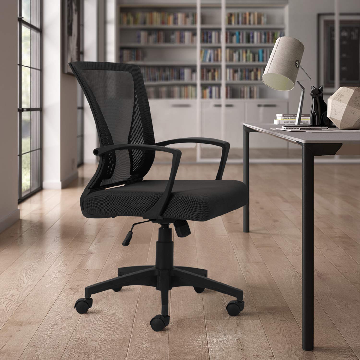 Ergonomic Mesh Office Chair with Lumbar Support - Adjustable Mid Back Computer Desk Chair, Swivel Rolling Task Chair with Armrest for Home & Office Use (Black) - Perfect for Long Work Hours, Gaming & Study Sessions