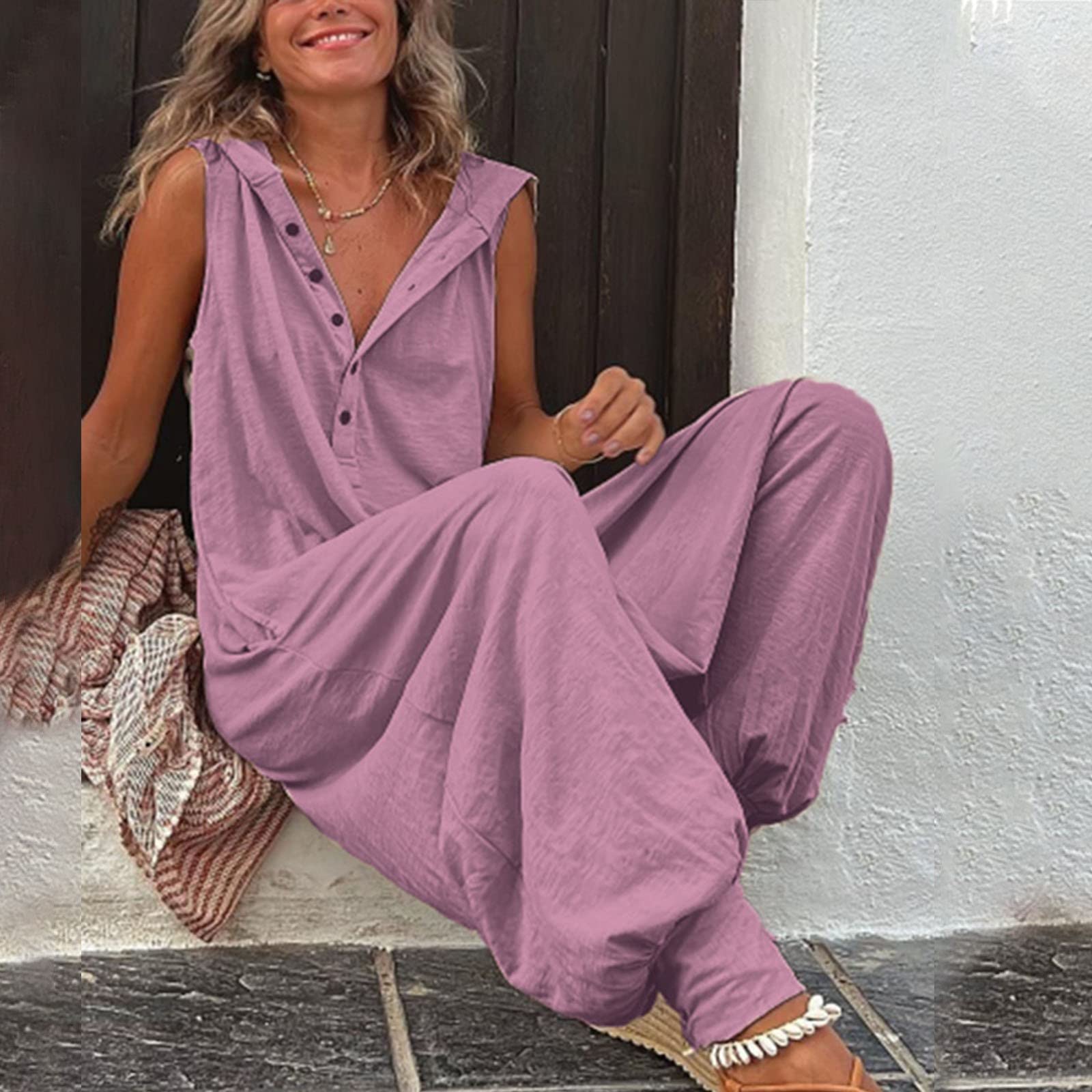 Women's Casual Sleeveless Solid Color Jumpsuit - Round Neck Romper Tank Top for Summer Outfits, Beach Wear & Daily Comfort
