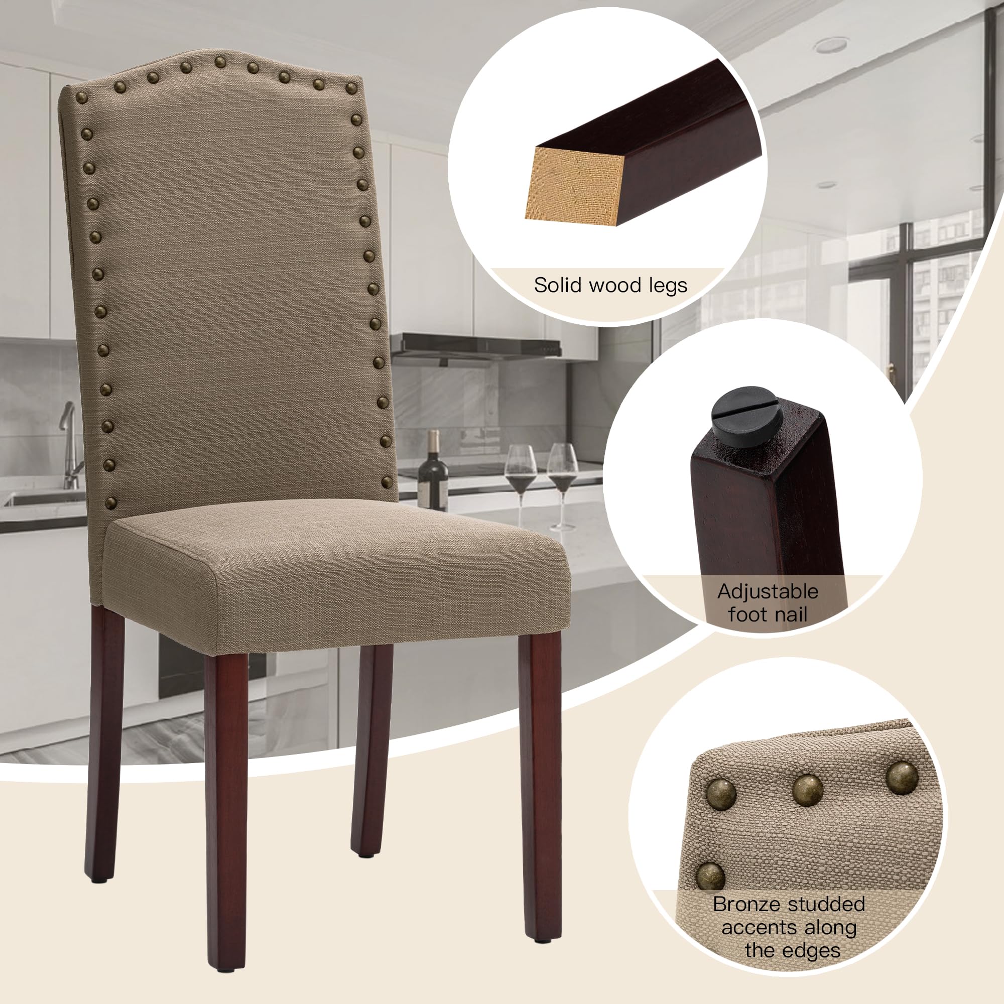 Glitzhome Set of 2 Upholstered Dining Chairs - Modern Padded Fabric Kitchen Side Chairs, Armless Brown - Perfect for Dining Room, Breakfast Nook & Small Space Decor