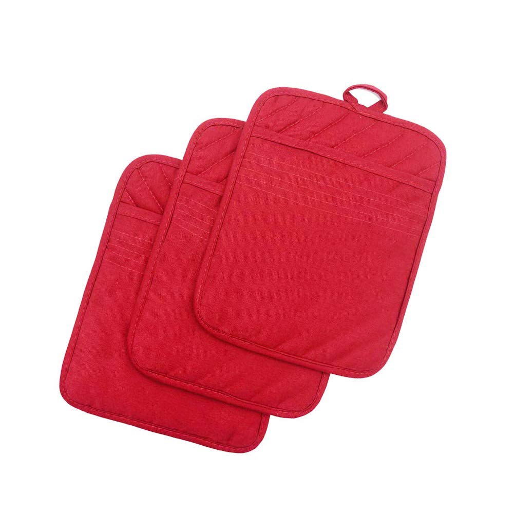 Anyi Heat Resistant Kitchen Pot Holders - Cotton Hot Pads for Counter Table with Pockets (Red) - Perfect for Cooking, Baking, and Handling Hot Dishes Safely