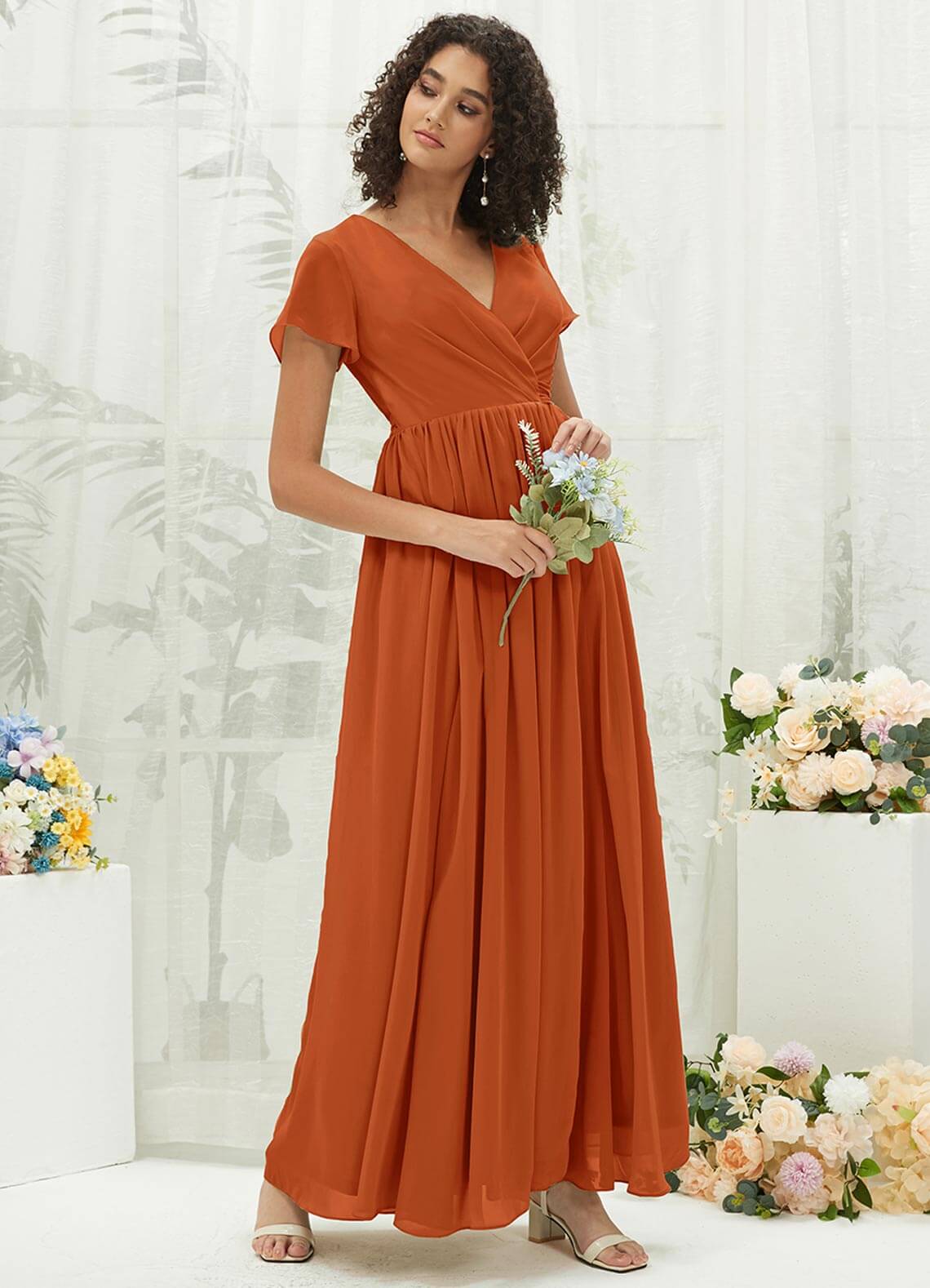 Elegant Burnt Orange Chiffon Short Sleeve V-Neck Wrap Pleated Bridesmaid Dress for Wedding Party, Formal Occasions and Special Events