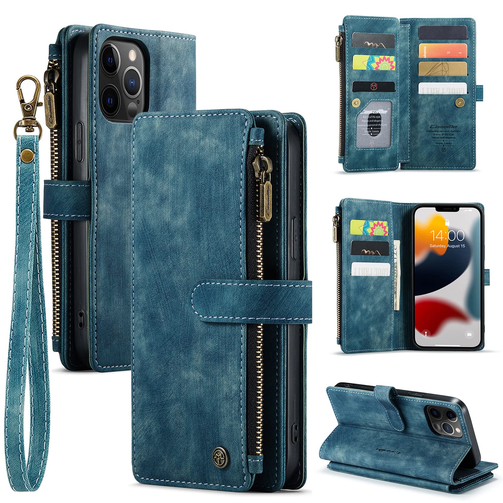 QLTYPRI Vintage PU Leather Wallet Case for iPhone 12/12 Pro - Magnetic Closure, Card Slots, Money Pocket, Wrist Strap & Kickstand | Shockproof Flip Cover (Blue) | Perfect for Daily Use, Travel & Hands-Free Viewing