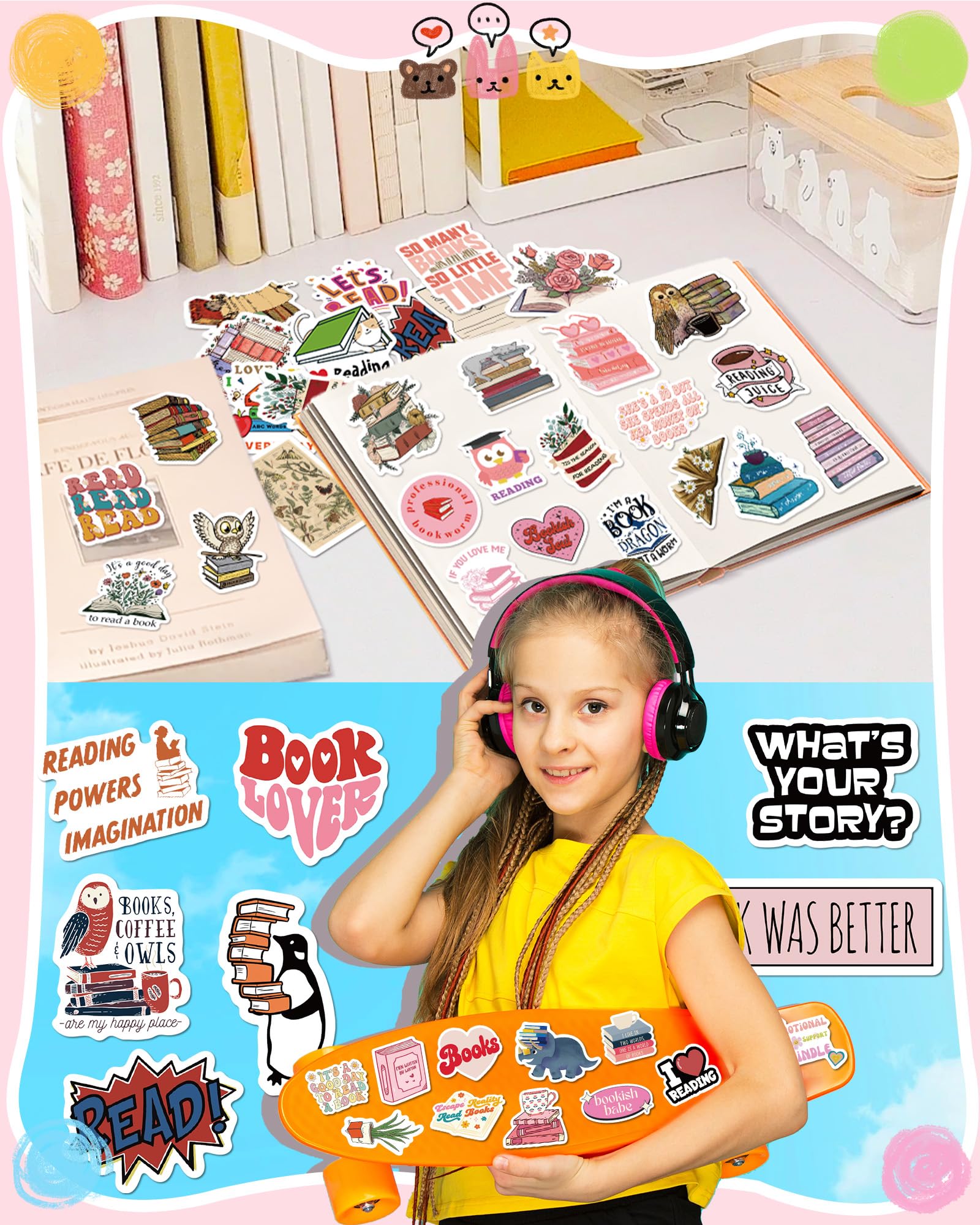 Greingways 300 PCS Book Stickers for Kindle & Ebook Cases - Waterproof Bookish Stickers for Laptops, Water Bottles - Perfect Book Lover Gifts for Adults, Teens, Girls & Kids - Great for Reading Accessories & School Supplies