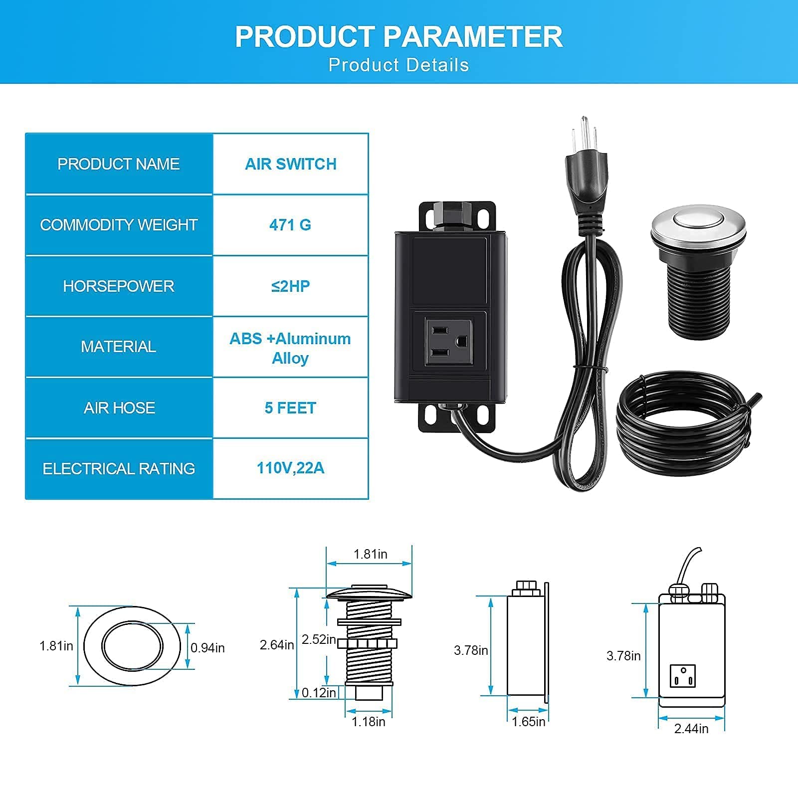 HK Bundle - 2 Items Garbage Disposal Air Switch Kit with Power Cord, Stainless Steel Sink Top Waste Disposer On/Off Push Button (2.5