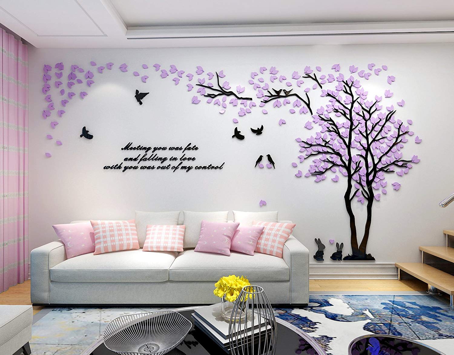 3D Tree Wall Stickers - DIY Tree and Birds Wall Decals for Living Room, Bedroom & TV Background - Large 158x79 Inch Peel and Stick Wall Mural - Perfect for Home Decor, Nursery, Kids Room (Purple Right)