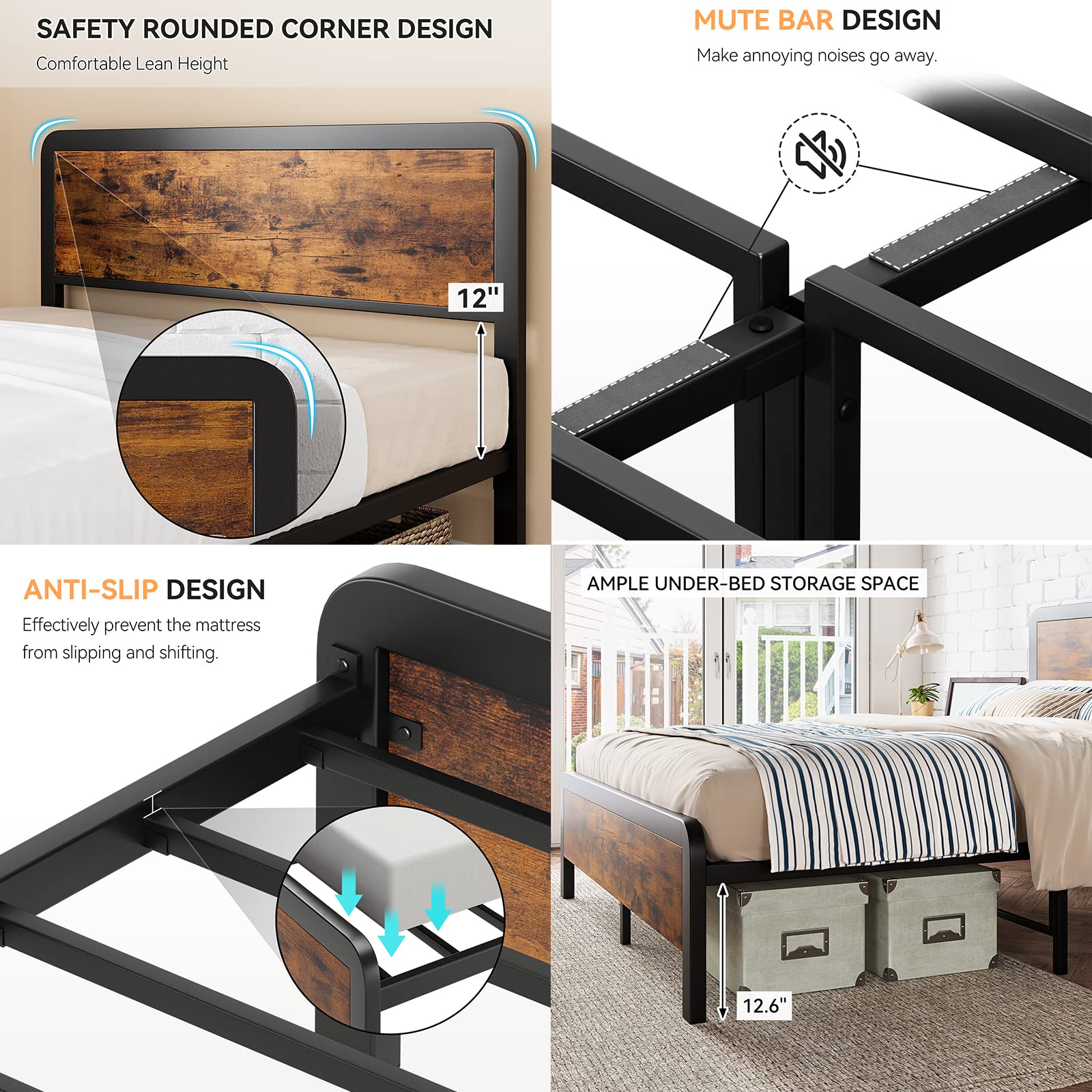 Queen Size Bed Frame with 2 Nightstands - Sturdy Platform Bed with Rounded Corners & Built-in USB Charging Stations - Complete Bedroom Furniture Set for Master Bedroom, Guest Room or Apartment