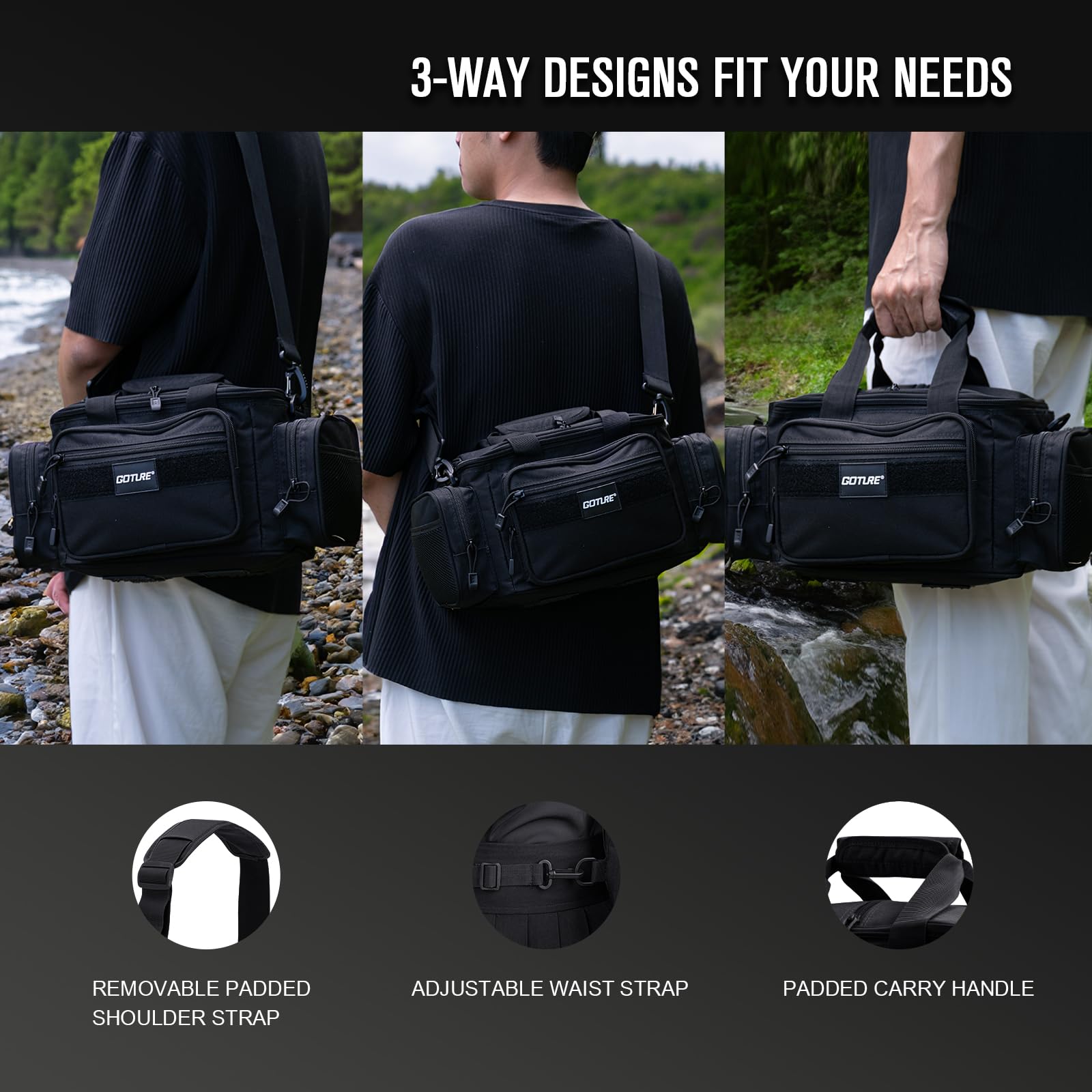 Goture Water-Resistant Cross Body Sling Fishing Tackle Bag - Soft Side Tactical Gear for Saltwater & Freshwater - Holds 3 3600 Tackle Boxes - Perfect for Outdoor Fishing & Gifts for Men (Ideal for Shore Fishing, Boat Trips & Camping Adventures)