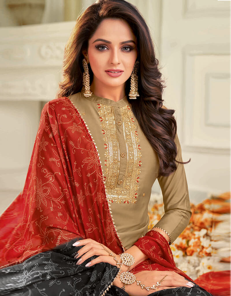 Elegant Beige Chanderi Cotton Salwar Suit - Comfortable Indian Ethnic Wear for Women - Perfect for Weddings, Festivals & Special Occasions