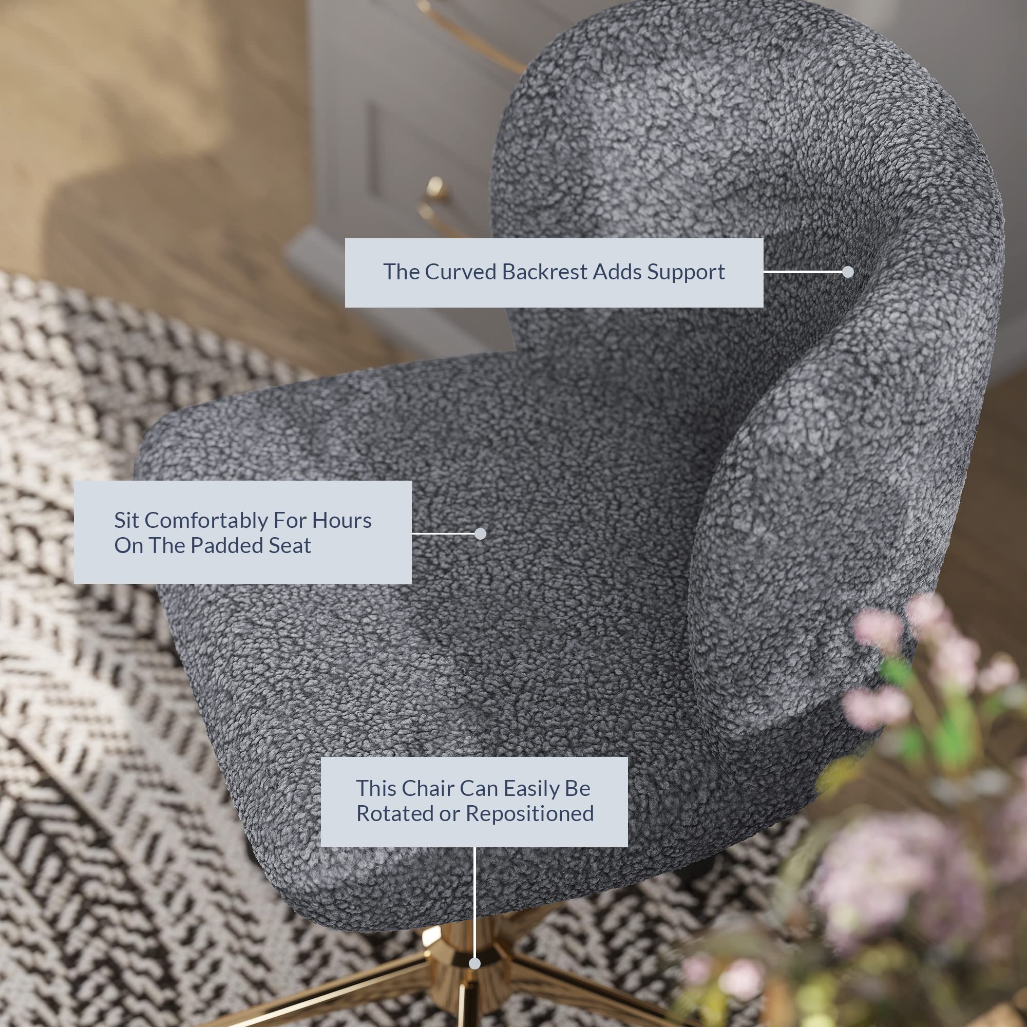 BELLEZE Modern Upholstered Boucle Swivel Office Chair with Adjustable Height, Rolling Wheels - Stylish Comfy Desk Chair for Home Office, Vanity or Study Room (Gold & Gray) - Perfect for Work, Gaming & Makeup Station