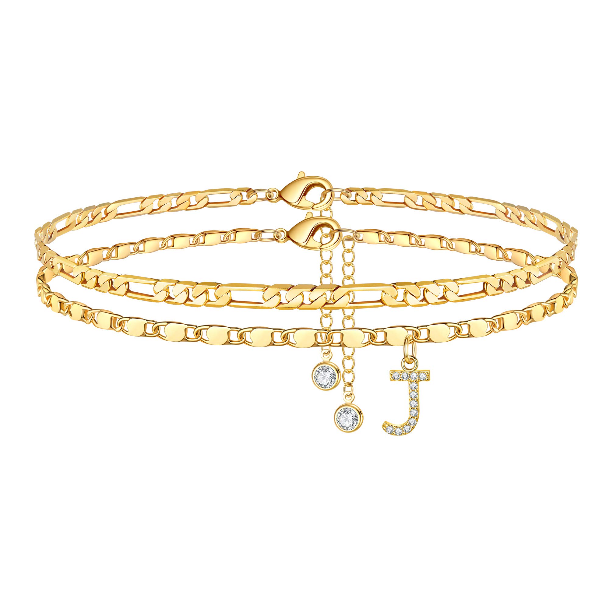 14K Gold Plated Dainty Layered Chain CZ Initial Anklets Set for Women - Elegant Summer Jewelry Gifts, Perfect for Beach Vacations & Casual Outfits