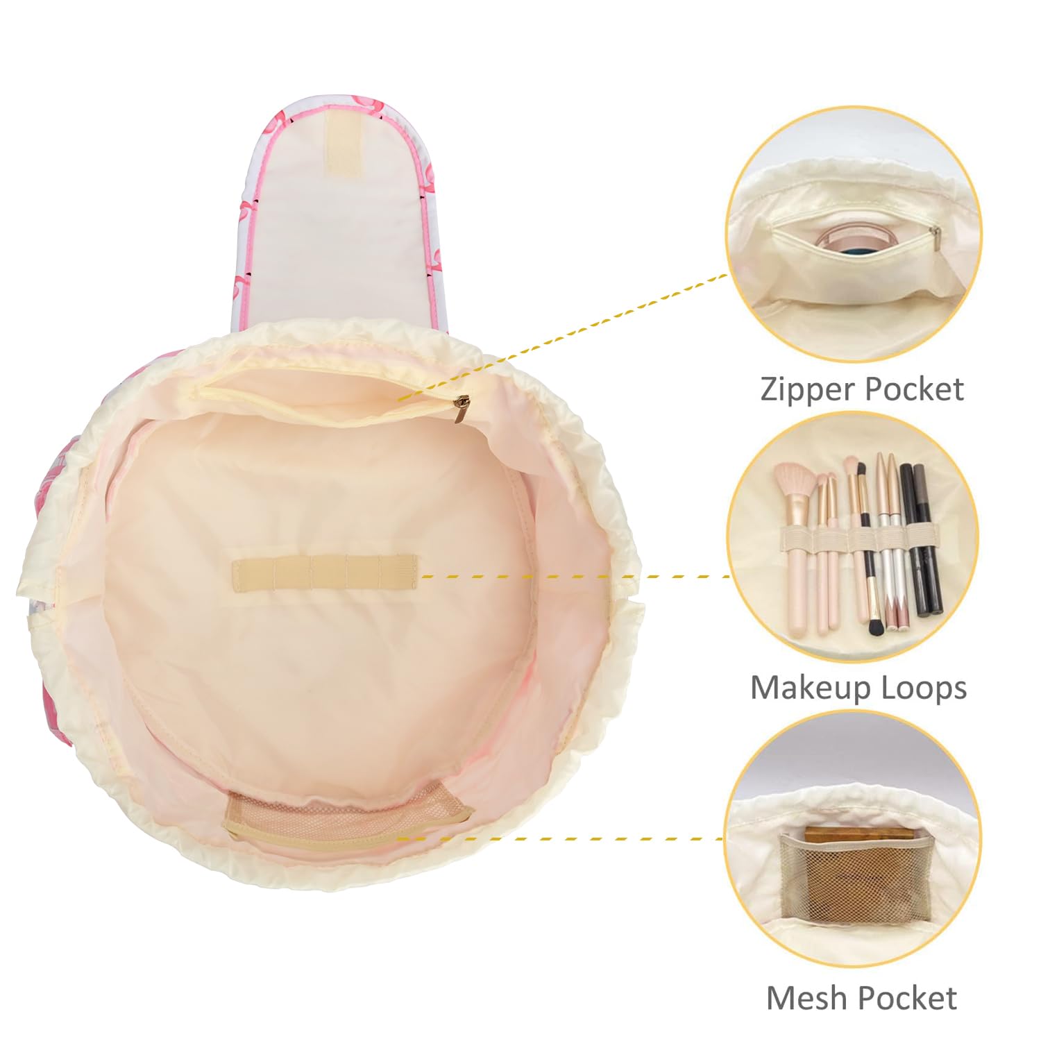 Large Drawstring Makeup Bag for Women - Waterproof Travel Cosmetic Organizer with Brush Holder & Pouch | Portable Toiletry Bag for Skincare, Makeup Brushes & Essentials | Perfect for Travel, Gym, Beach & Daily Use (Pink)