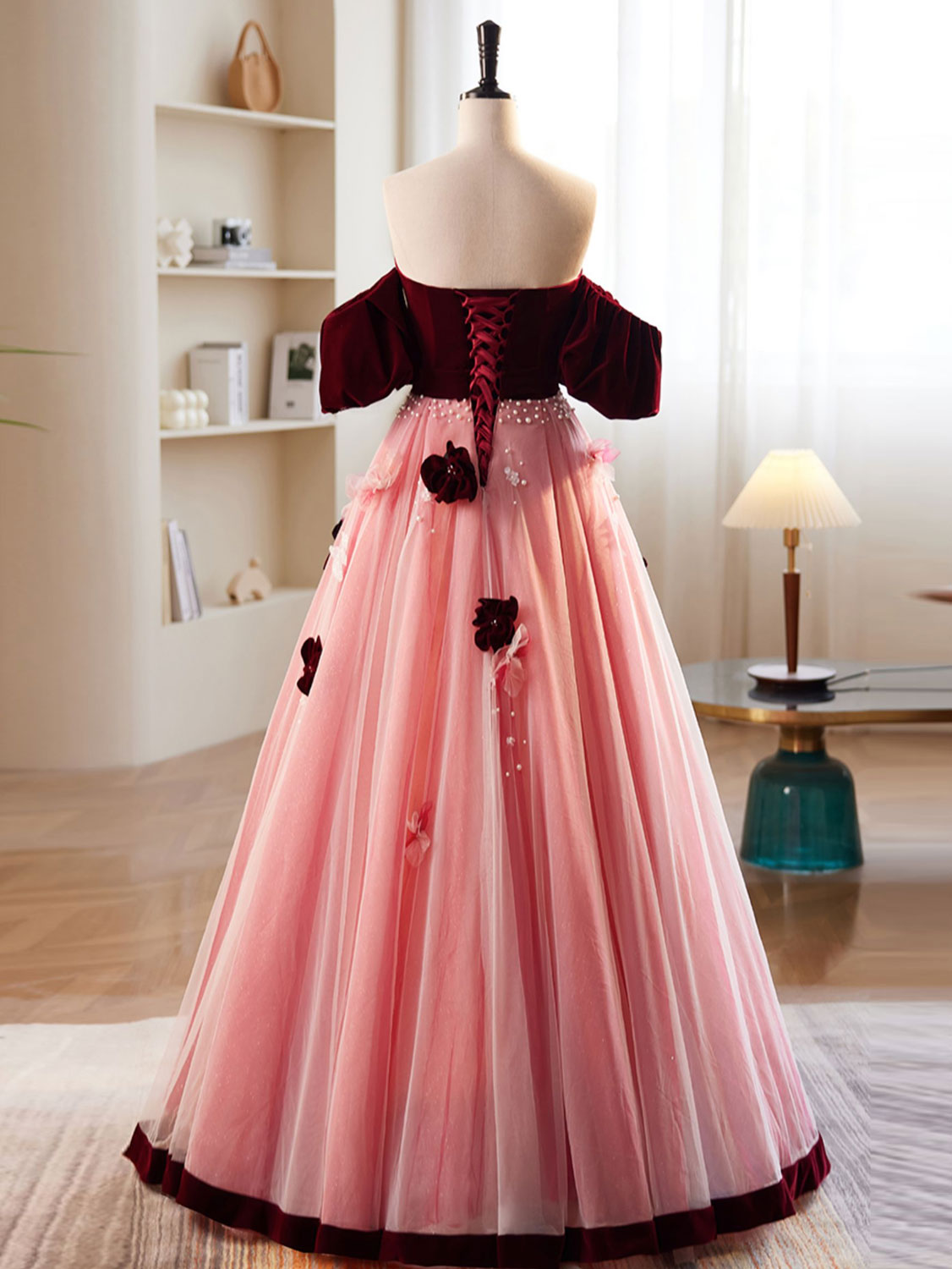 Elegant A-Line Burgundy & Pink Tulle Velvet Long Prom Dress - Formal Evening Gown for Homecoming, Quinceañera & Special Occasions