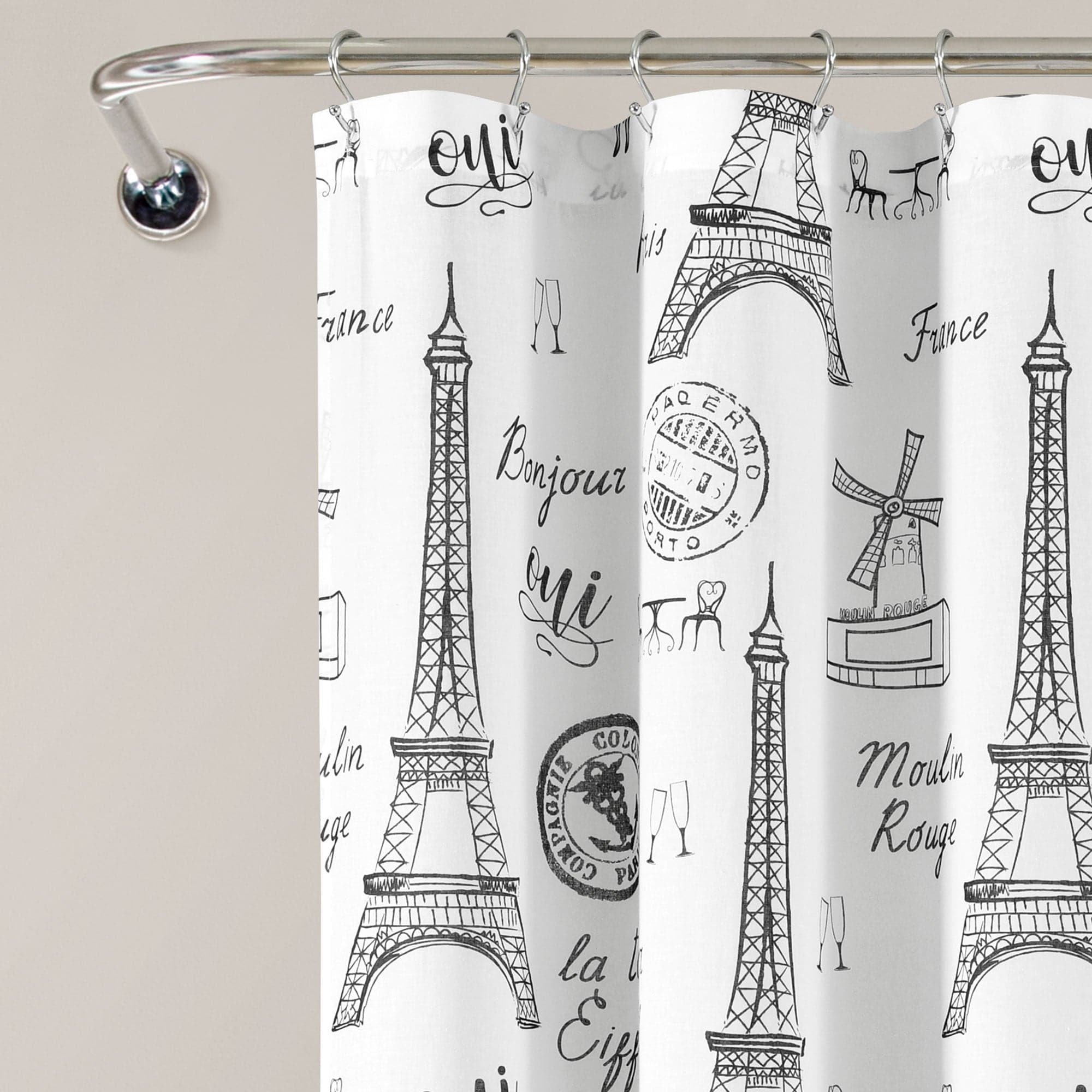 Paris Bonjour Cotton Shower Curtain - Waterproof Bathroom Decor with Eiffel Tower Design - Perfect for French Theme Bathrooms & Parisian Style Home Decor