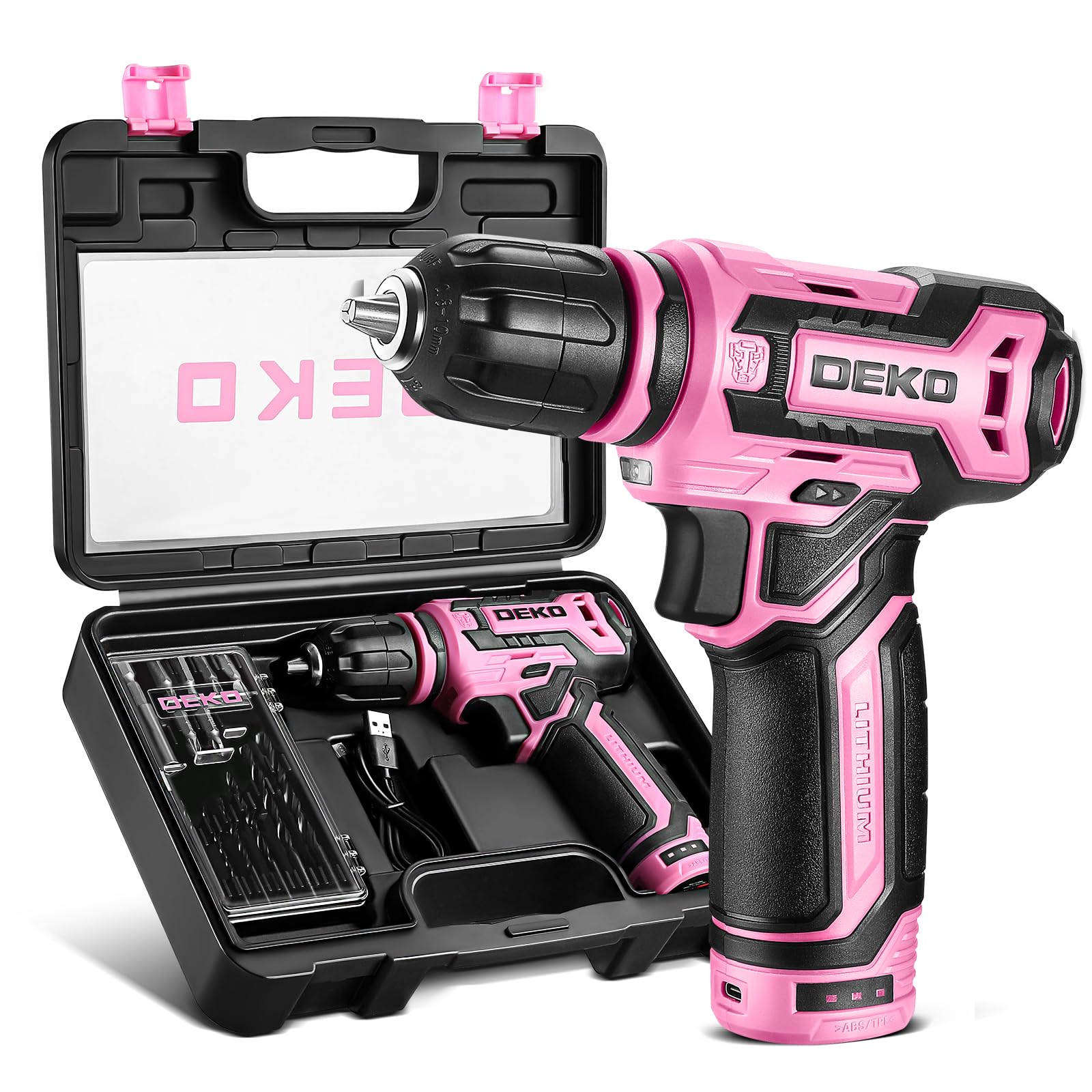 DEKO PRO 12V Cordless Drill Set with Battery & Charger - Lightweight Electric Screwdriver for Home DIY, Woodworking & Metal Projects (Pink)