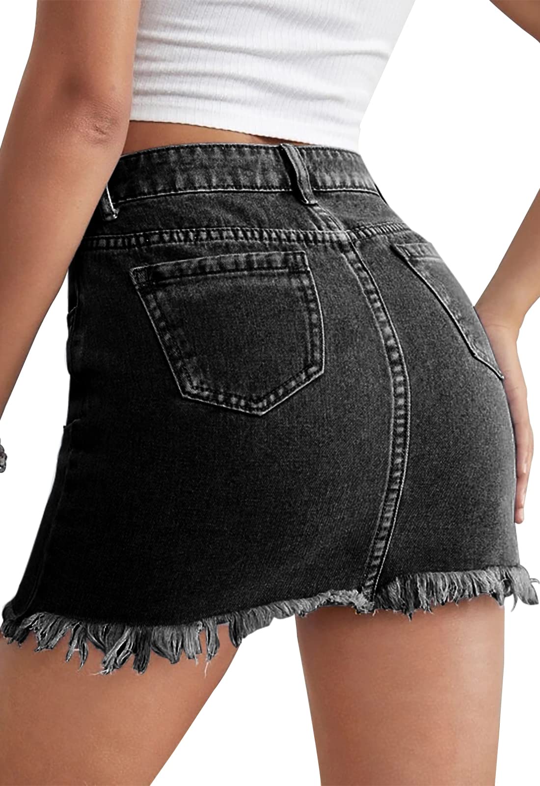 Women's High Waist Stretchy Denim Mini Skirt - Bodycon Washed Frayed Jean Skirt with Pockets | Casual Outfit for Club, Date Night & Streetwear Fashion