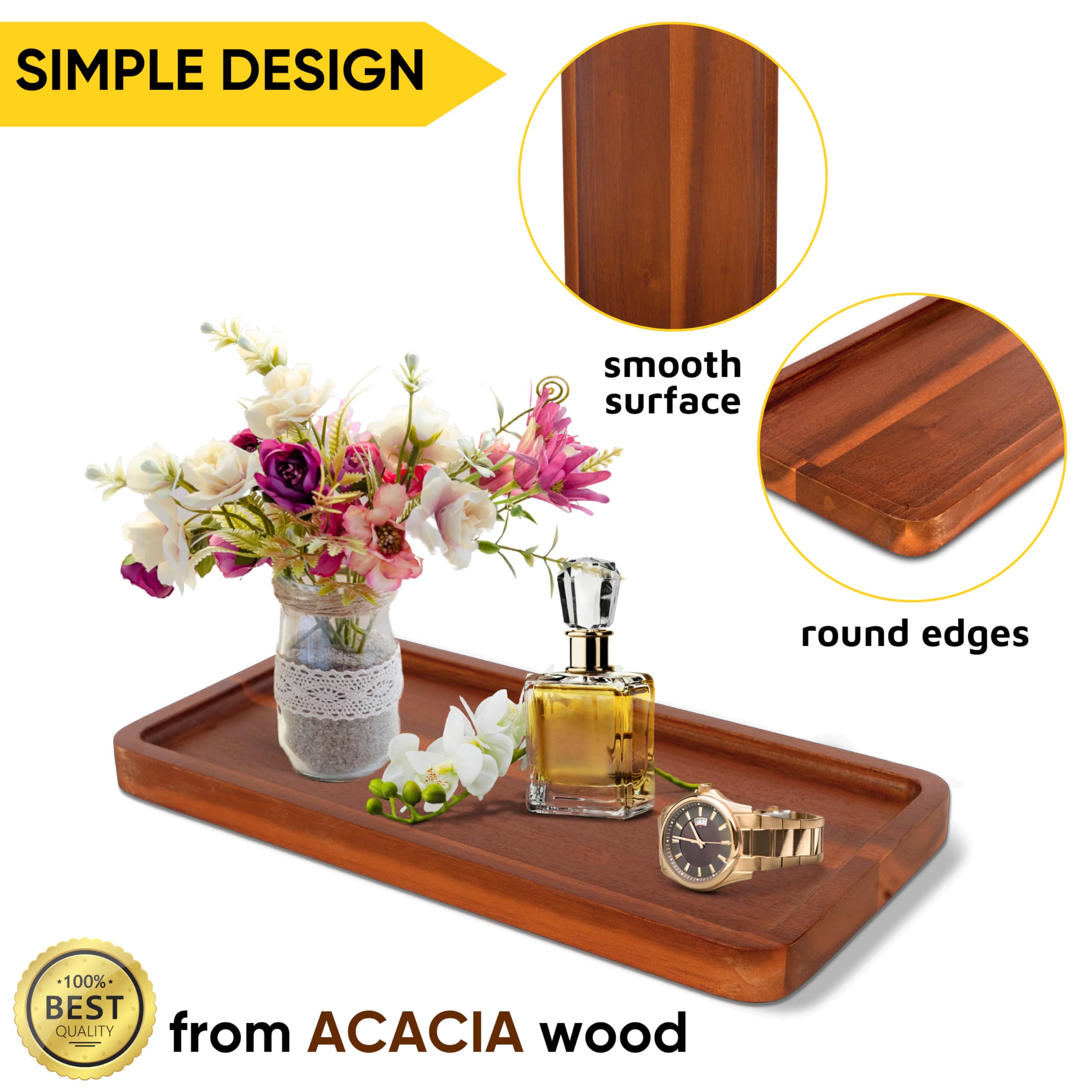 KOLWOVEN Acacia Wood Bathroom Vanity Tray - 11.8 x 5.9 Inches Elegant Organizer for Cosmetics, Jewelry, Perfume, Candles & Keys - Rustic Brown Countertop Tray for Bathroom, Kitchen, Dresser & Toilet Tank (1 Pack) | Perfect for Home Decor, Wedding Gifts & Spa Organization