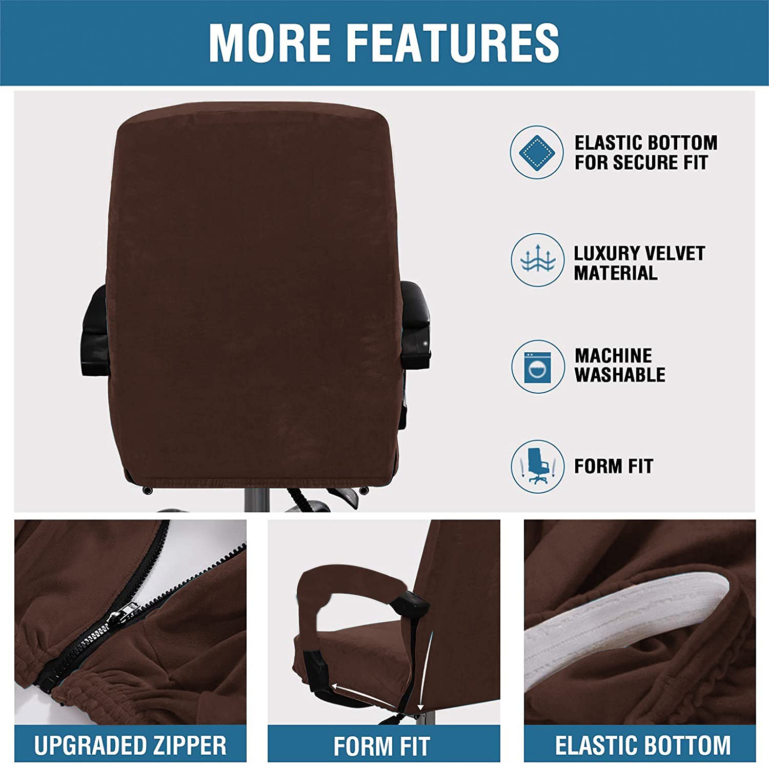 Stretchable Velvet Office Chair Cover - Removable & Washable Universal Elastic Slipcover for Computer, High Back & Rotating Chairs - Modern Simplism Design (Dark Brown, Large) - Perfect for Home Office, Gaming & Workspace Decor