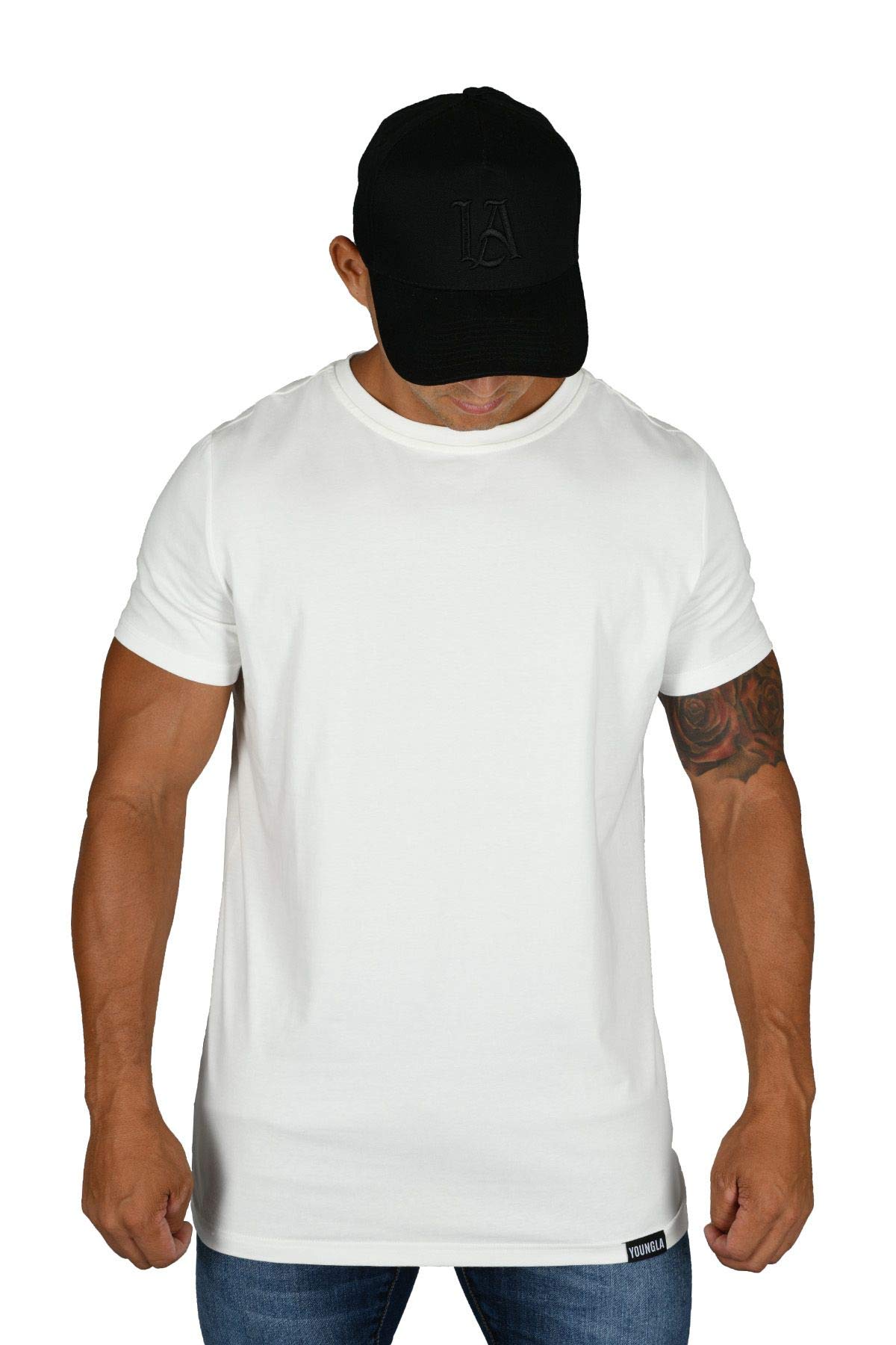 YoungLA Men's Minimalist Fitted T-Shirts - Slim Fit Long Drop Cut Tee for Gym & Workout | Breathable Cotton Shirt for Training, Running & Casual Wear