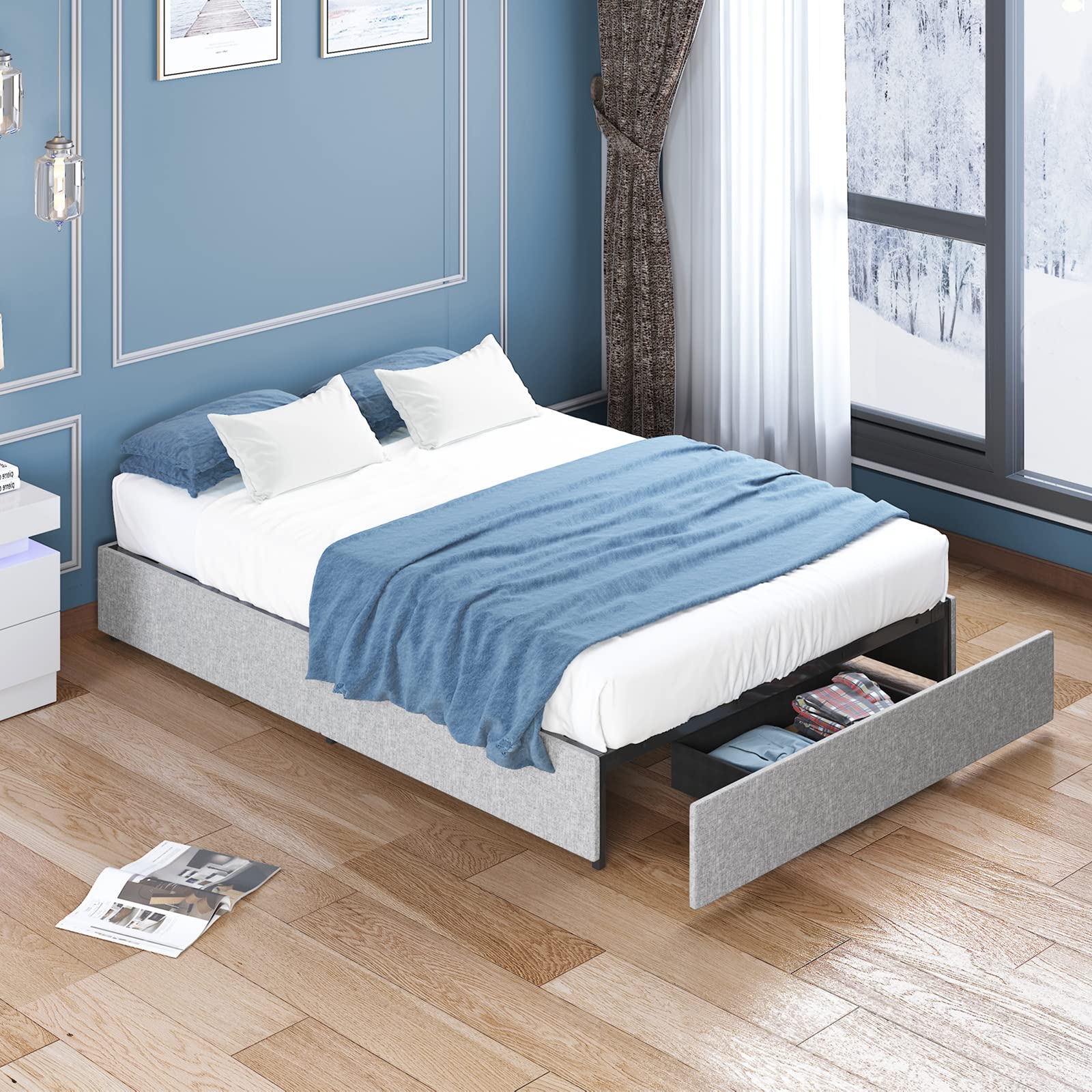 BALUS Full Size Upholstered Platform Bed Frame with Storage Drawers - Heavy Duty Wood Slat Support, No Box Spring Needed, Noise Free & Easy Assembly, Light Grey - Perfect for Small Bedrooms, Apartments & Guest Rooms with Limited Space