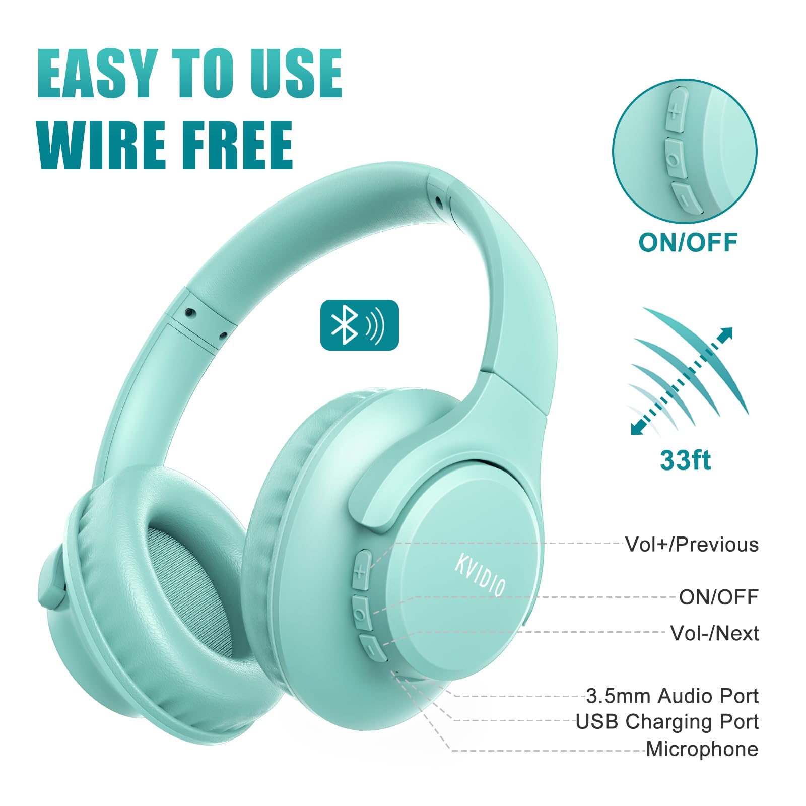 KVIDIO Wireless Bluetooth Over-Ear Headphones with Microphone, 65H Playtime, Foldable Lightweight Design, HiFi Stereo & Deep Bass - Perfect for Travel, Work, Gaming & Phone Calls (Green)