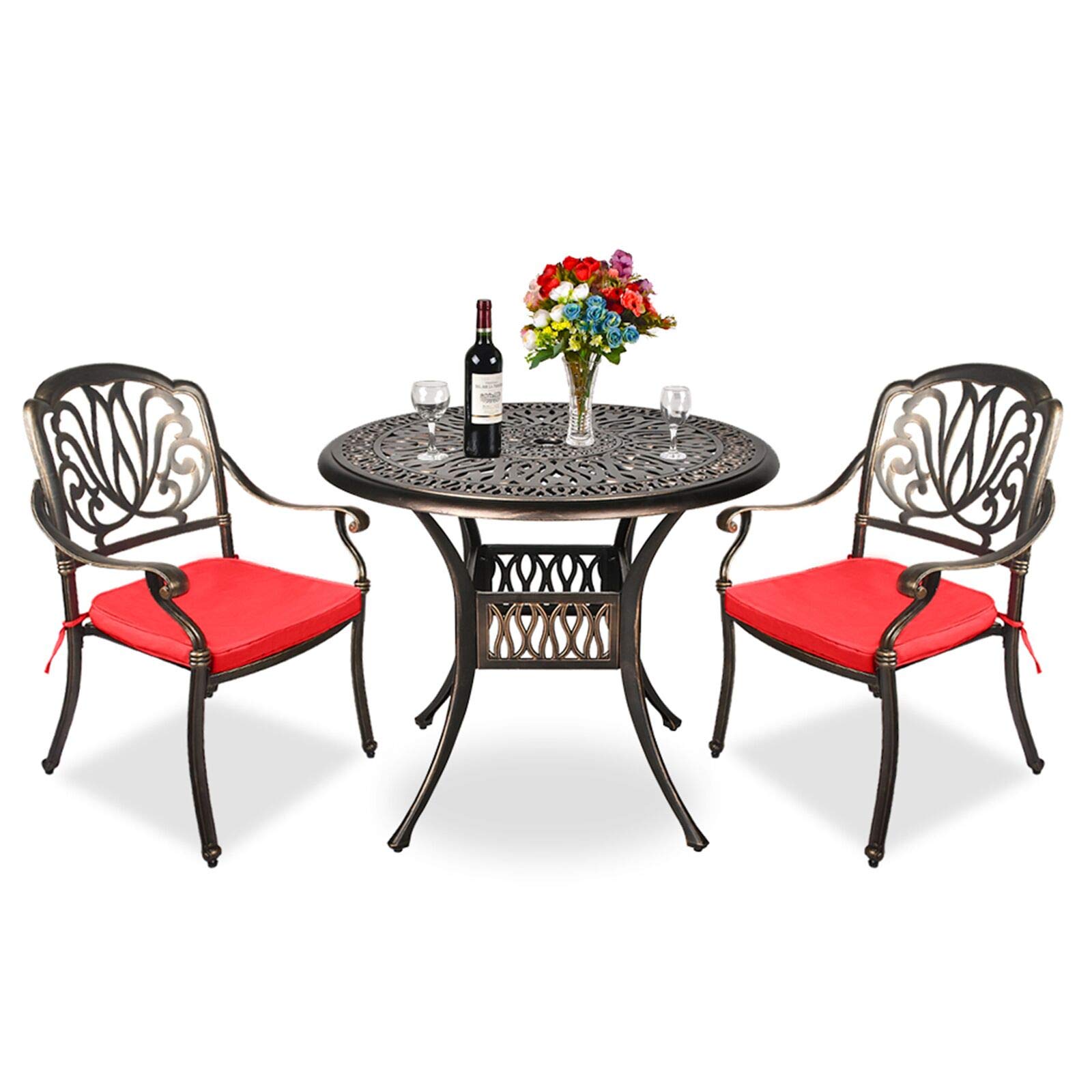 TITIMO 3-Piece All-Weather Outdoor Dining Set - Cast Aluminum Round Table & Chairs with Cushions & Umbrella Hole - Patio, Garden, Deck Furniture for Backyard, Poolside & Outdoor Entertaining (Red)