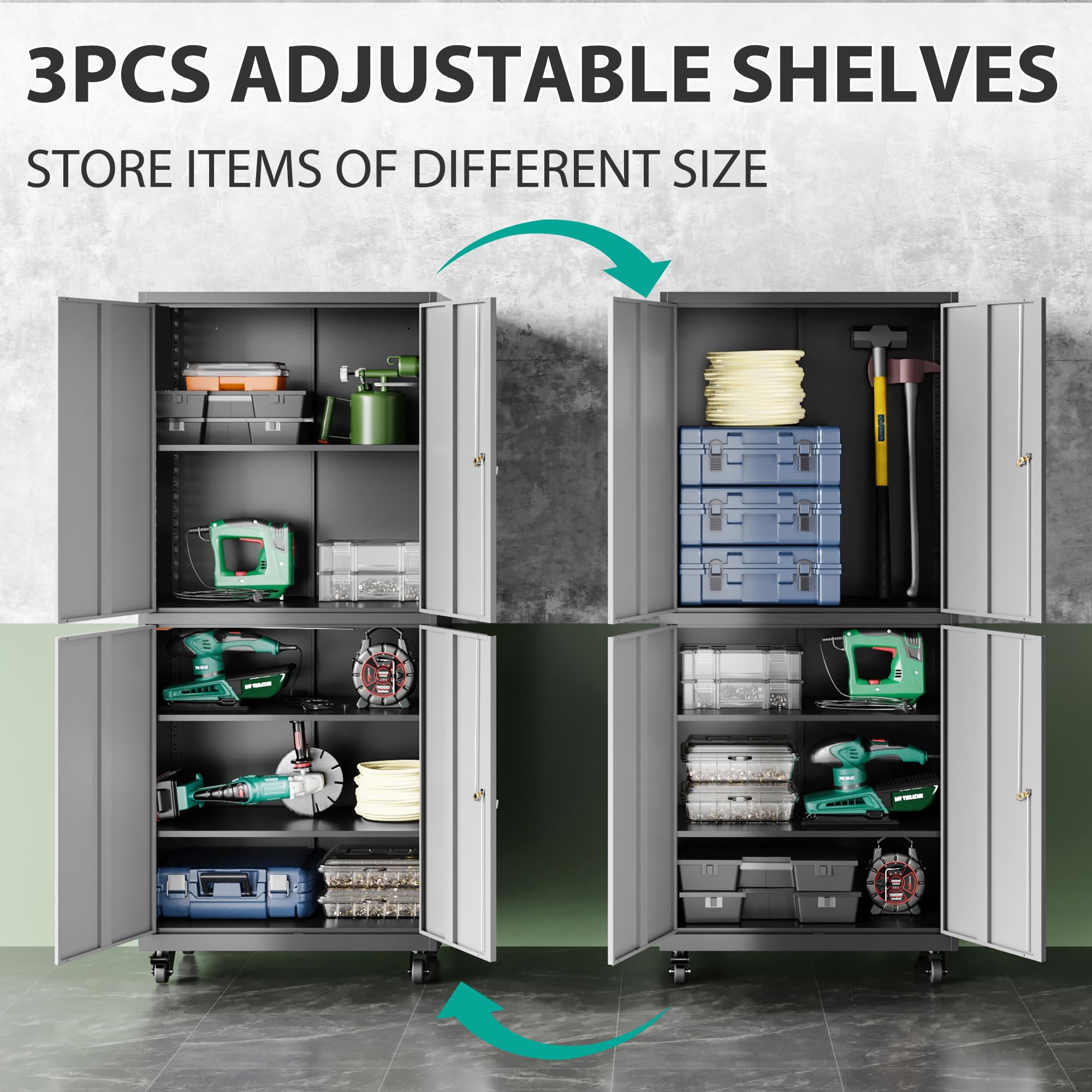 Heavy-Duty Rolling Metal Storage Cabinet with Lock & Wheels - Gray Lockable Garage Cabinet with Adjustable Shelves for Tools, Home, Office & Workshop Organization | Ideal for Garage Storage, Workshop Tool Organization & Home Office Supplies
