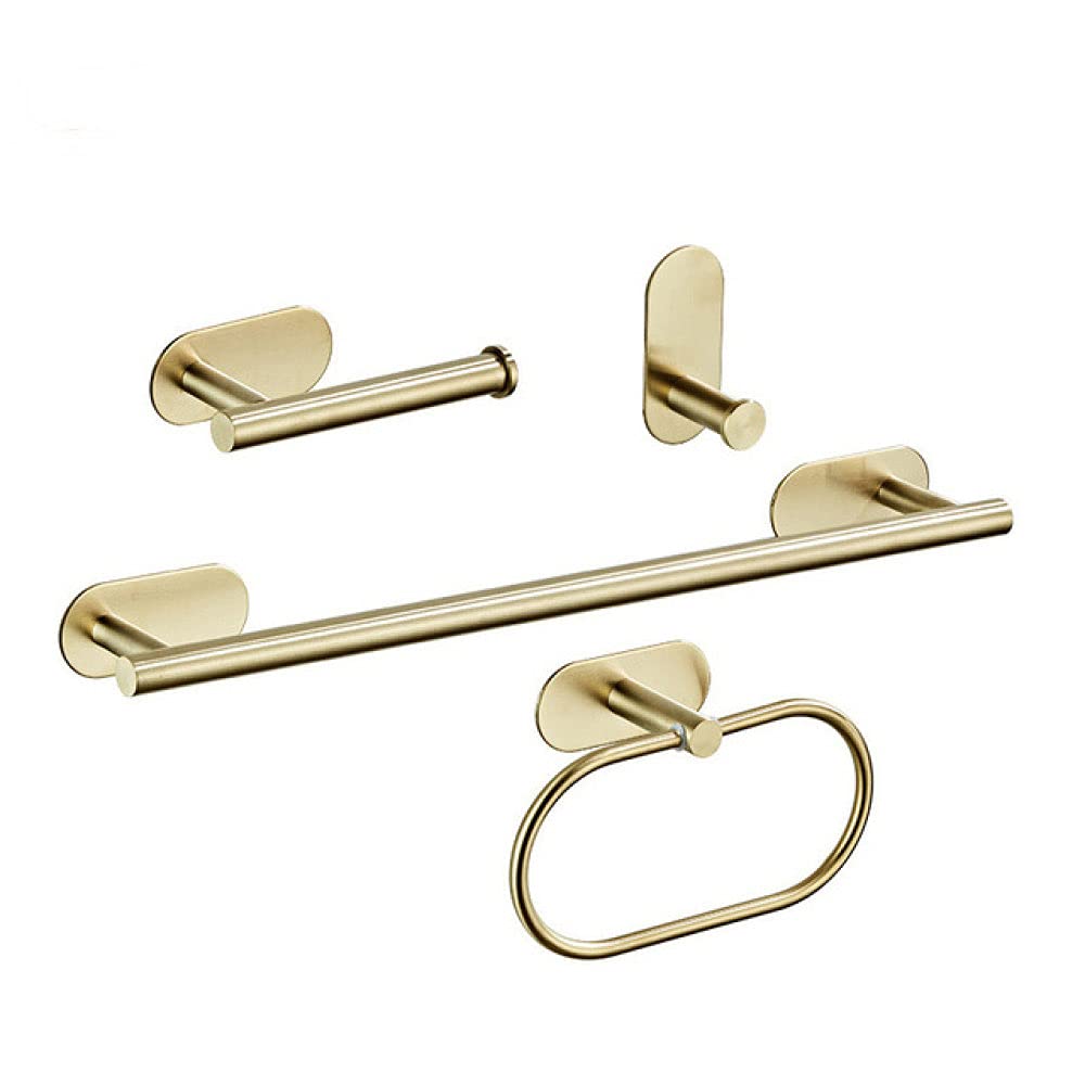 VVW&LIU Gold Bathroom Hardware Set - Stainless Steel Paper Holder, Towel Rack, Robe Hook & Towel Bar - No Nail Installation - Modern Bathroom Accessories for Home & Hotel Decor