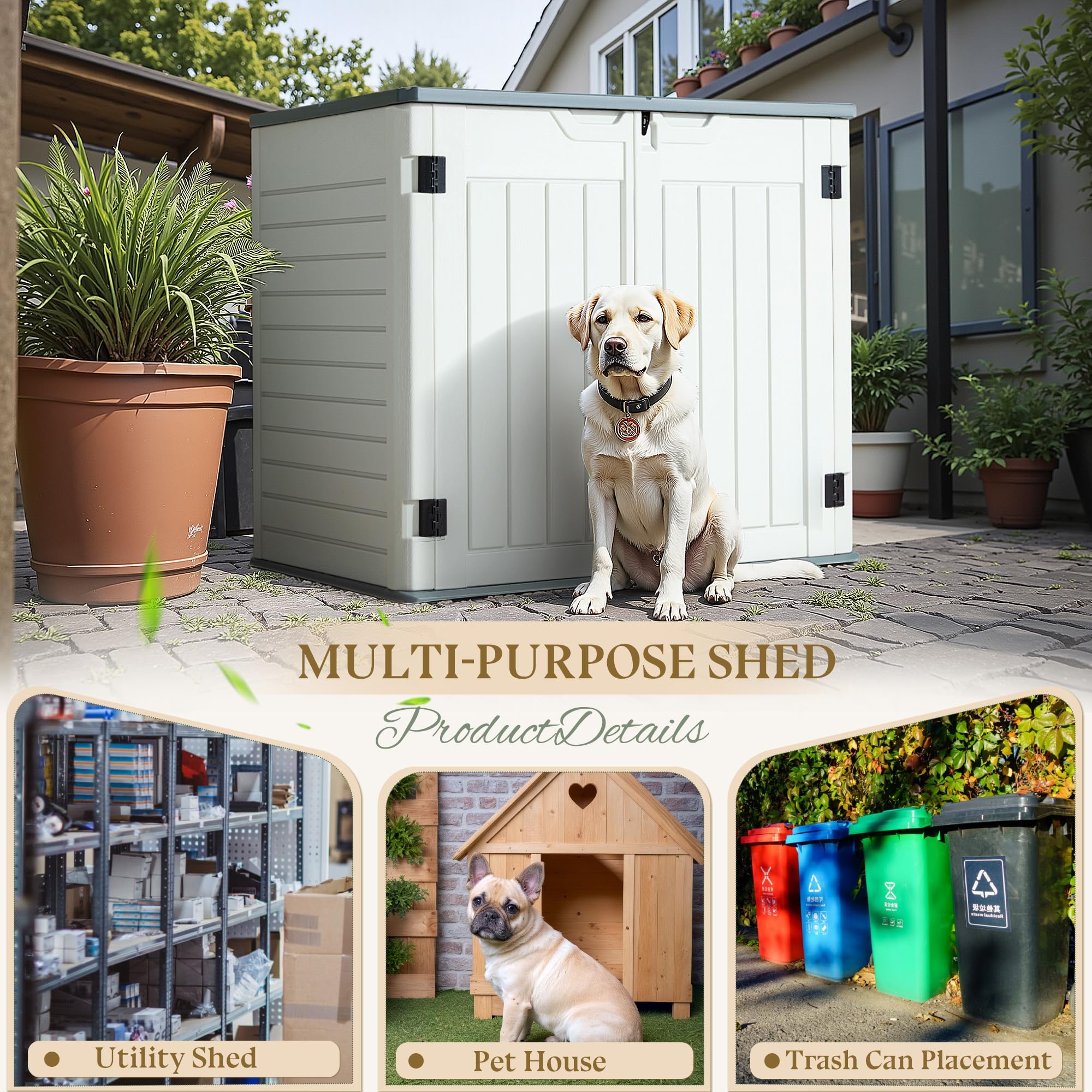 Greesum 34 Cu. Ft. Outdoor Horizontal Resin Storage Shed - Weather Resistant Large Capacity Tool Shed for Bikes, Garbage Cans & Lawn Mowers - Perfect for Backyard, Garage & Garden Organization (White, No Divider)