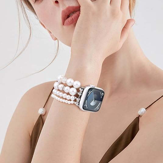 V-MORO Stretchy Pearl Bracelet Band for Apple Watch 38mm 40mm 41mm 42mm 44mm 45mm - Rose Gold Fashion Jewelry Strap Compatible with iWatch Series SE/1/2/3/4/5/6/7/8/9 - Elegant & Cute Accessory for Women, Perfect for Parties, Weddings & Daily Wear