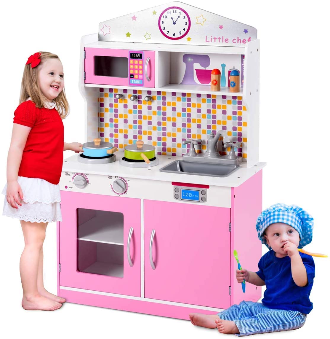ARLIME Wooden Kids Kitchen Playset with Removable Sink, Microwave & Cookware - Large Storage Cabinet Pretend Play Toy for Boys & Girls (Pink) | Perfect for Home, Preschool & Daycare Role Play Activities