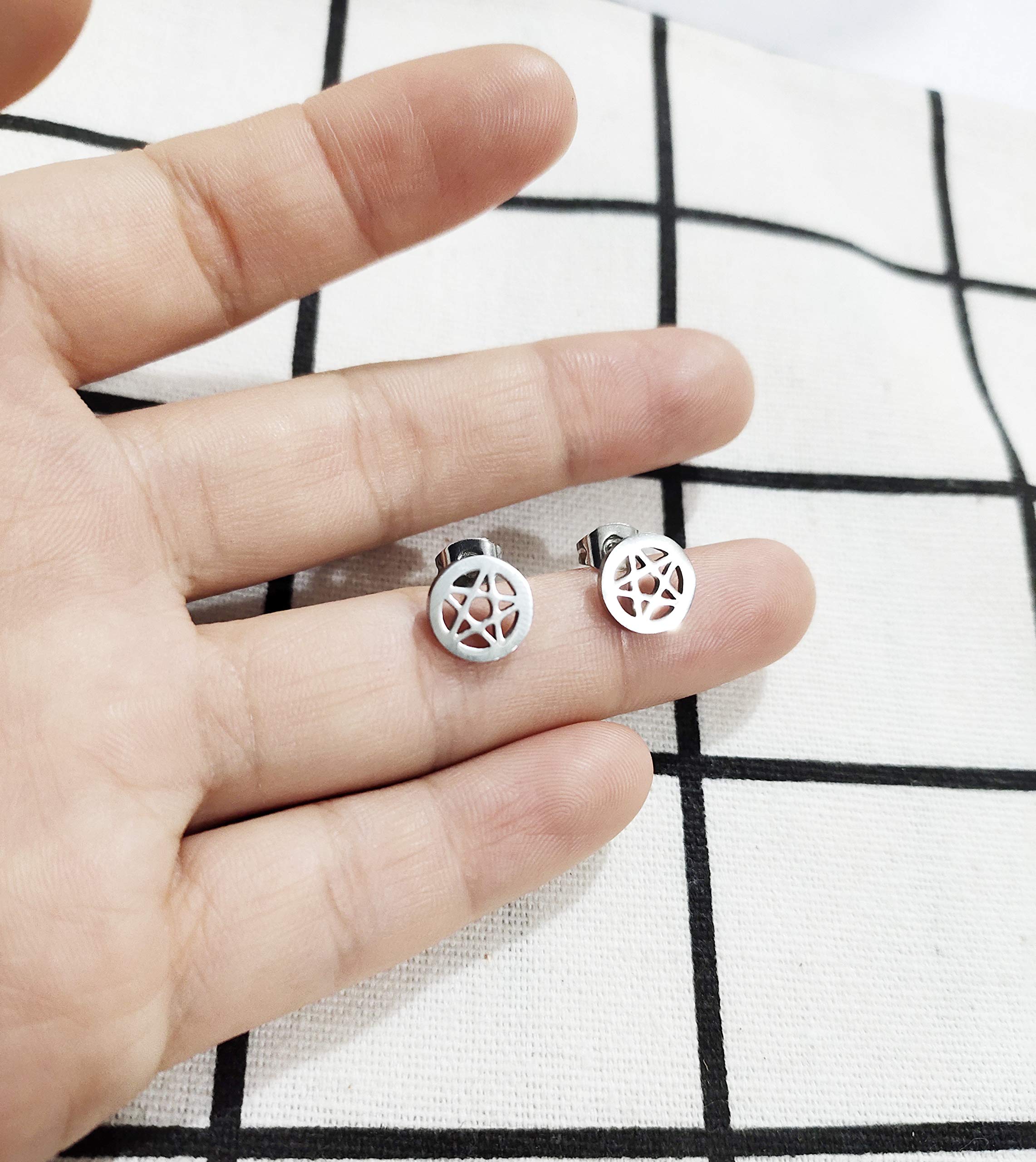RUIZHEN Stainless Steel Supernatural Star Pentagram Pentacle Stud Earrings - Wicca Pagan Jewelry for Witchcraft, Rituals & Gothic Fashion