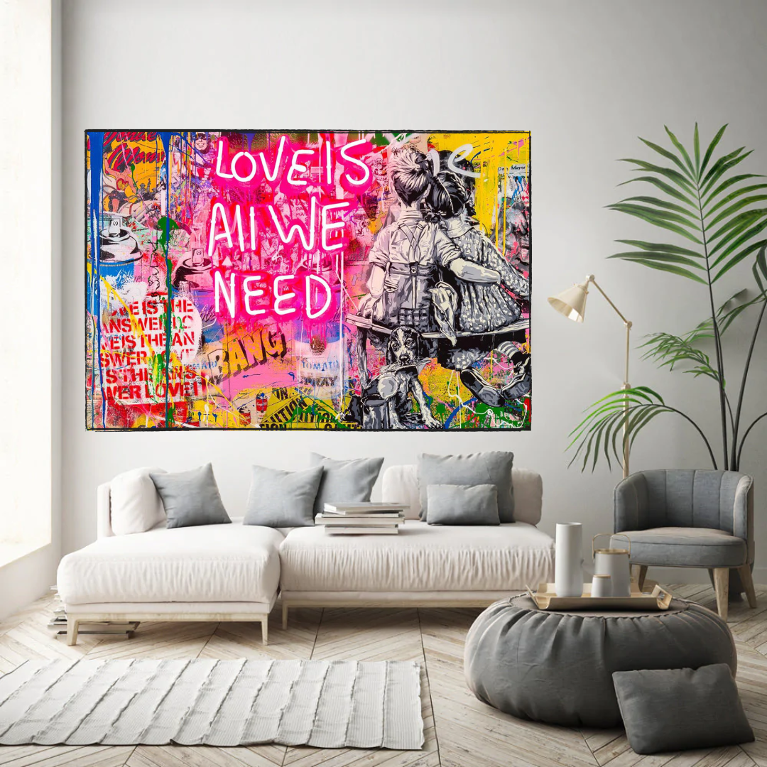 Banksy Love is All We Need Canvas Wall Art Print - Street Art Home Decor for Living Room, Bedroom & Office