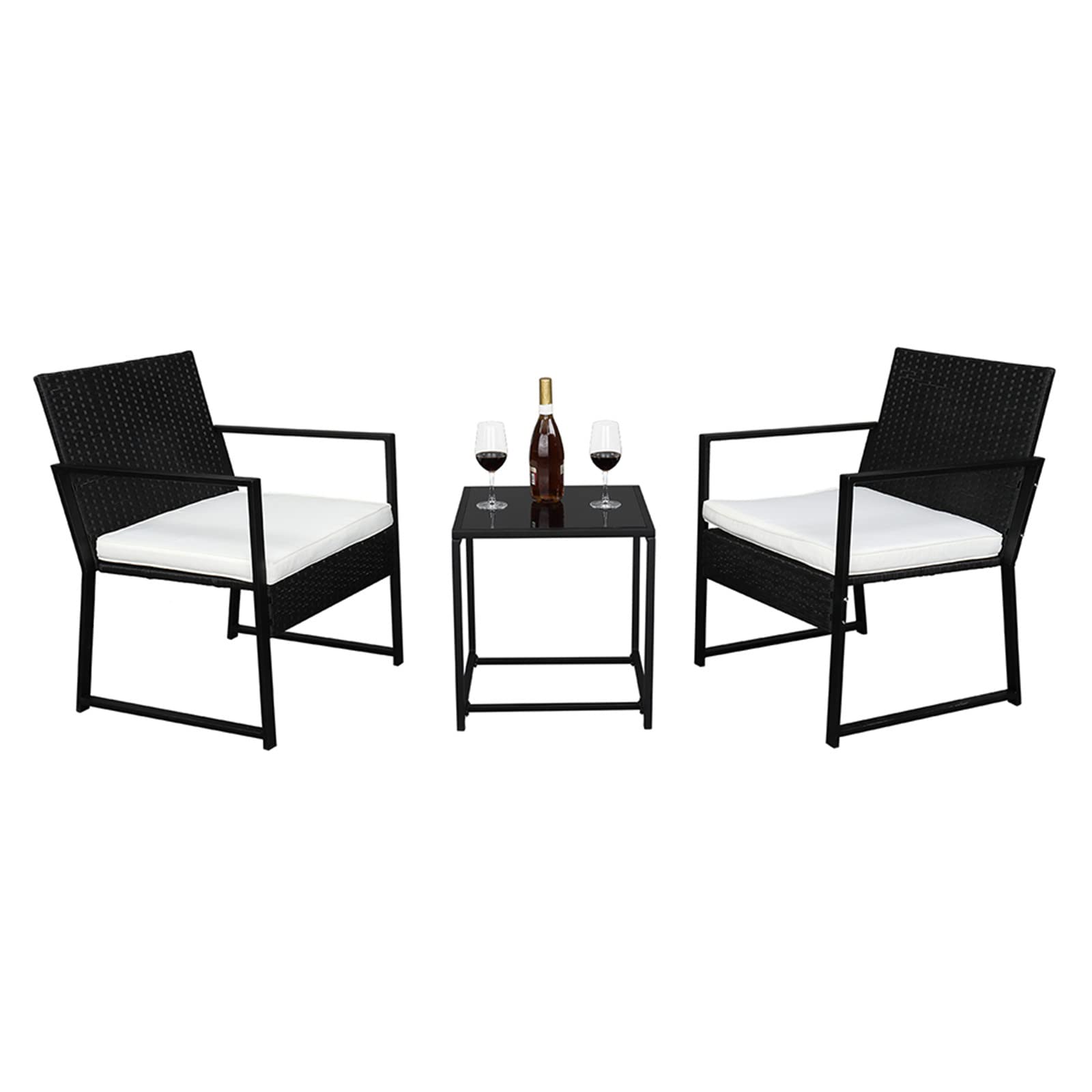 Modern 2-Piece Coffee Table & Rattan Rocking Chair Set - Black Bistro Conversation Furniture for Patio, Garden, or Living Room