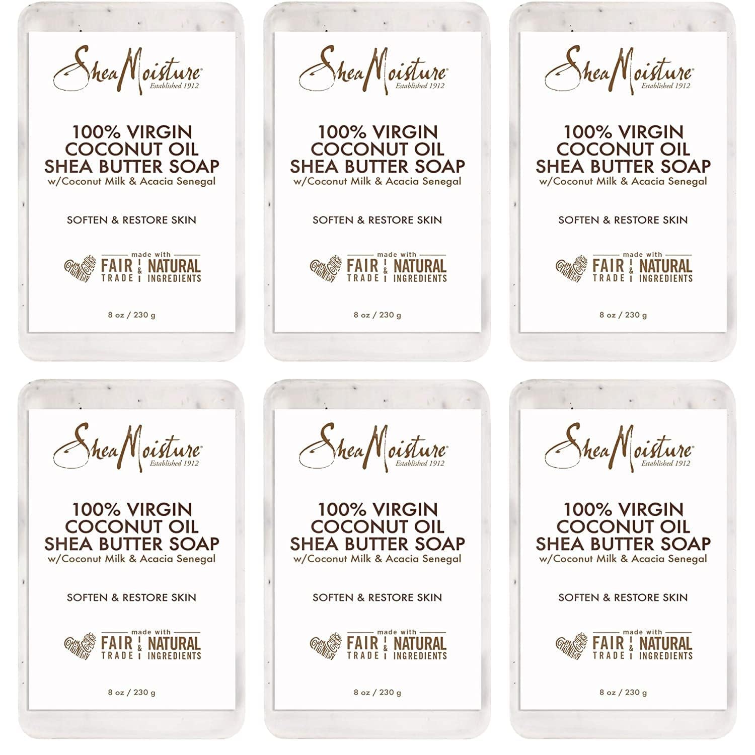 SheaMoisture Shea Butter Body Wash Bar Soap - 6 Pack | Moisturizing & Cleansing Bar Soap with 100% Virgin Coconut Oil, Coconut Milk, Shea Butter & Acacia Senegal | Gentle Skin Care for Dry Skin, Softening & Restoring | Perfect for Shower, Bath & Travel (8 Oz Each)