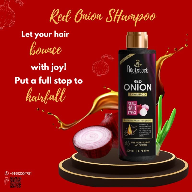 Organic Rootstock Red Onion Hair Shampoo 200ml - Sulfate Free & Paraben Free Shampoo for Hair Growth, Anti Hair Fall & Scalp Care | Strengthens & Nourishes Hair | Pack of 1 | Perfect for Daily Use & Damaged Hair Repair
